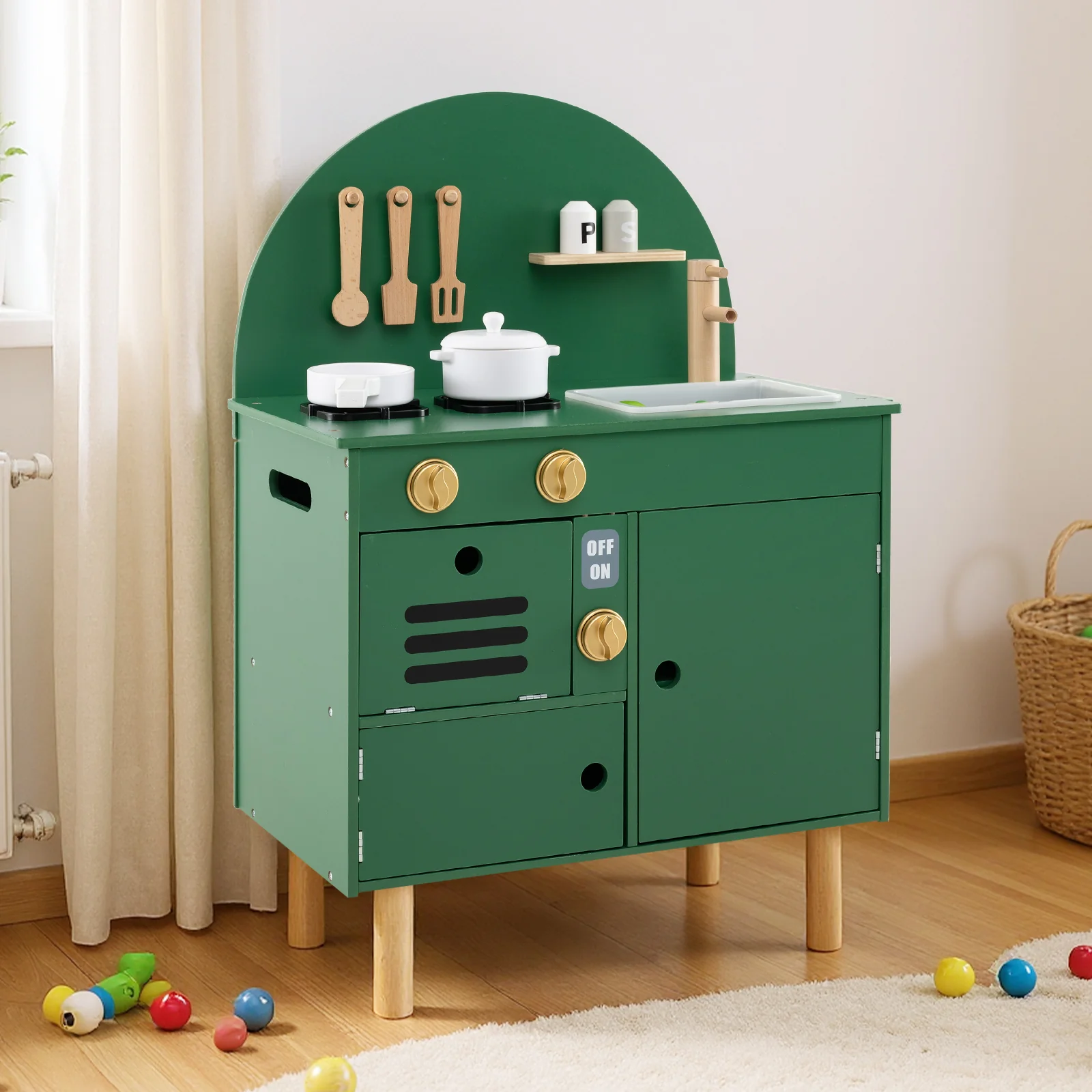 Play Kitchen for Kids Wooden Kitchen Playset with Stoves Faucet Sink Microwave and Oven - Image 21