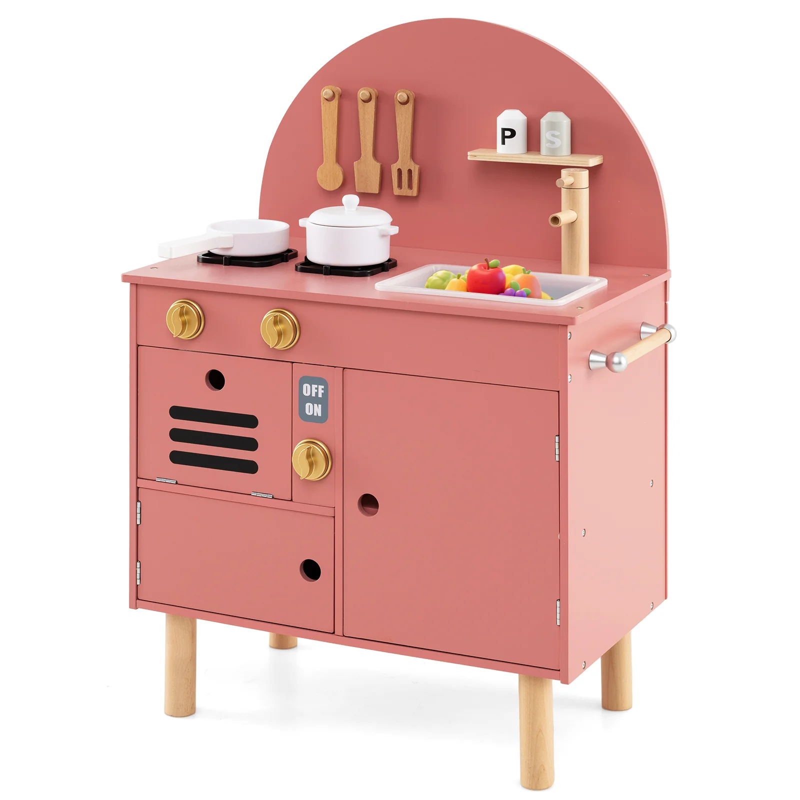 Play Kitchen for Kids Wooden Kitchen Playset with Stoves Faucet Sink Microwave and Oven - Image 3