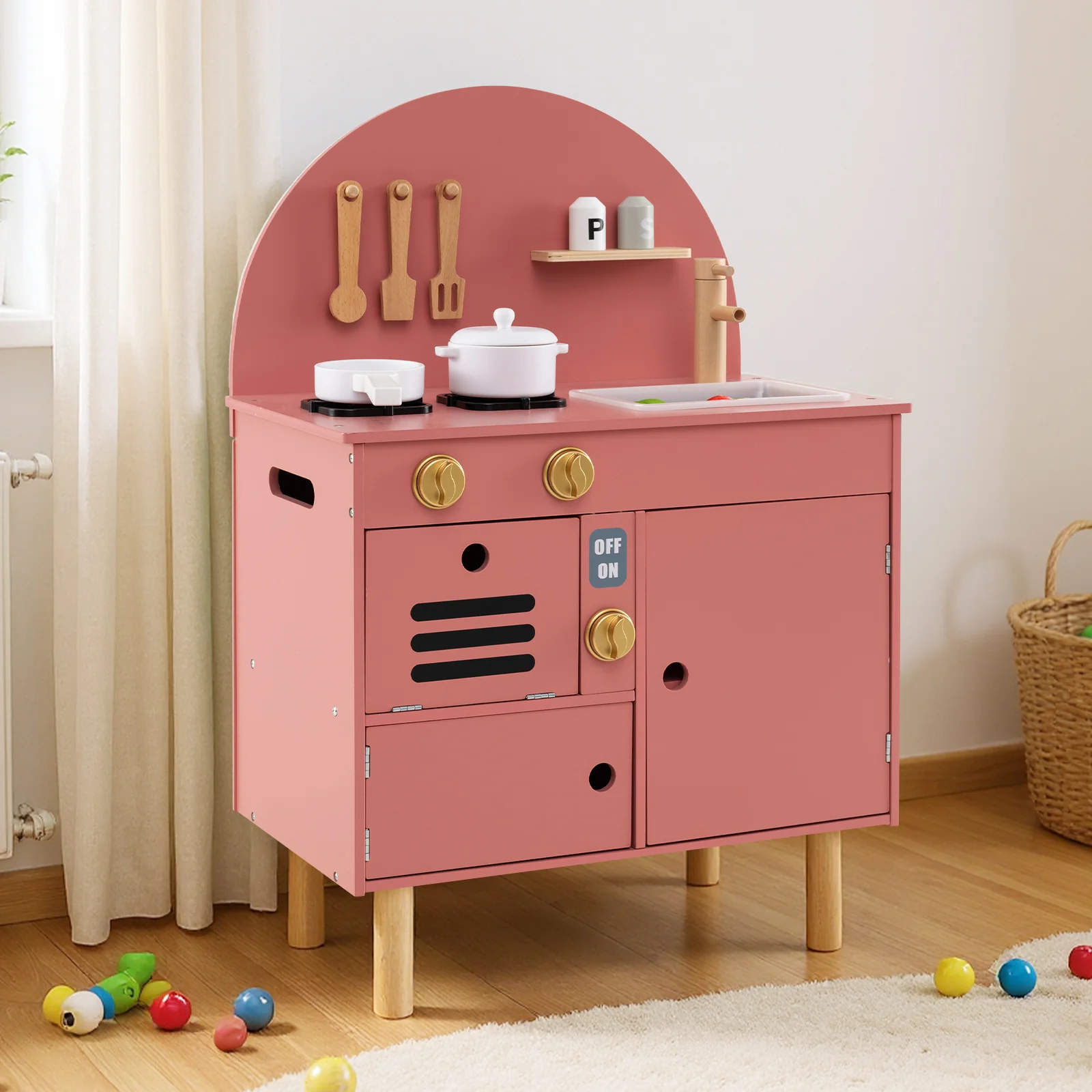 Play Kitchen for Kids Wooden Kitchen Playset with Stoves Faucet Sink Microwave and Oven - Image 5