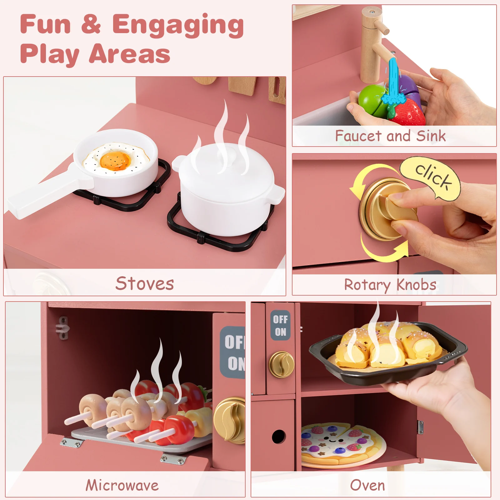 Play Kitchen for Kids Wooden Kitchen Playset with Stoves Faucet Sink Microwave and Oven - Image 6