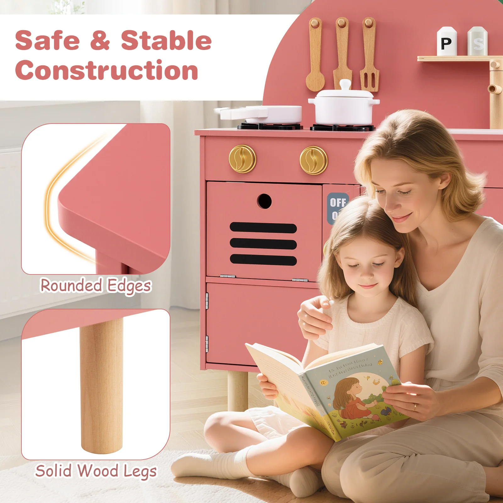 Play Kitchen for Kids Wooden Kitchen Playset with Stoves Faucet Sink Microwave and Oven - Image 8