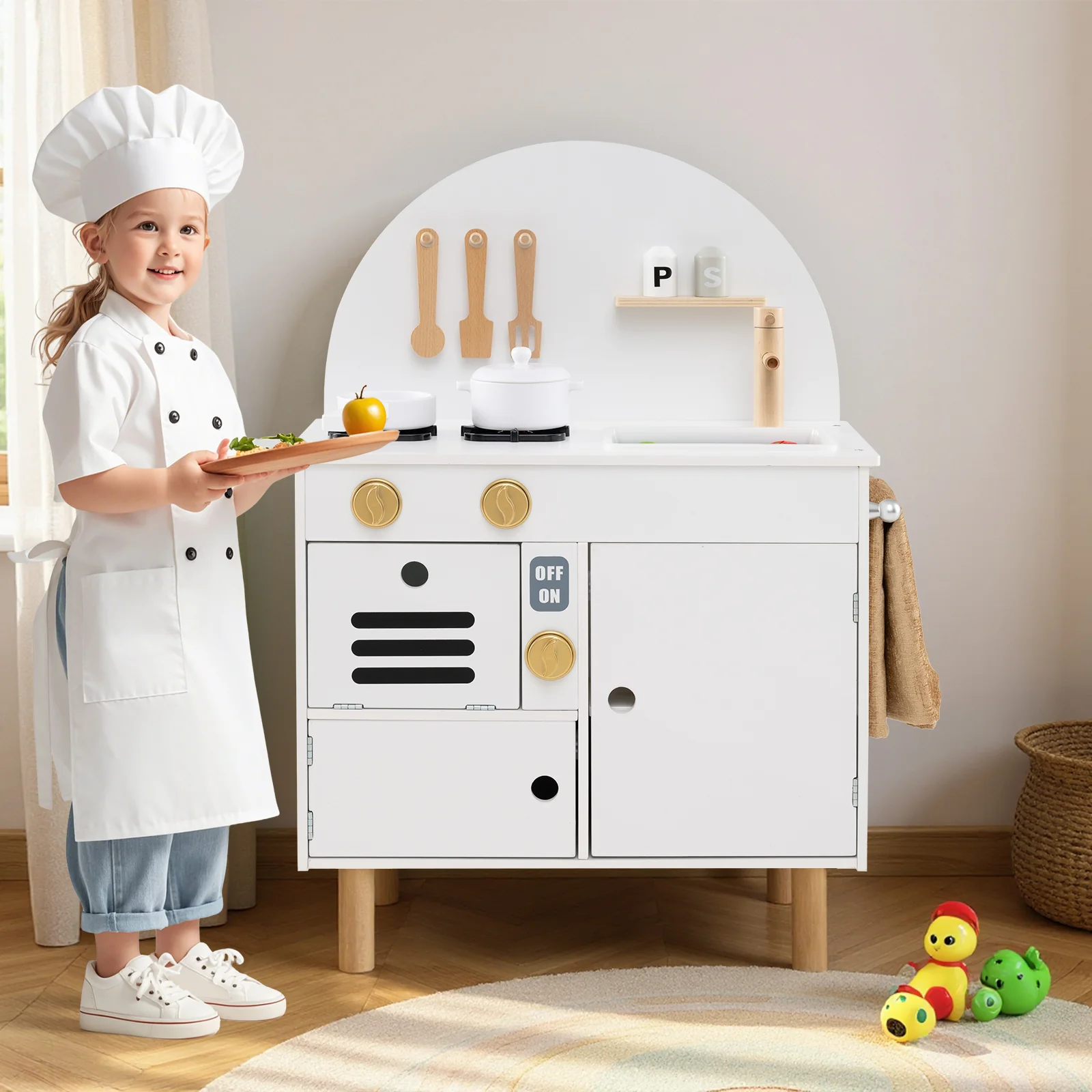 Play Kitchen for Kids Wooden Kitchen Playset with Stoves Faucet Sink Microwave and Oven - Image 9