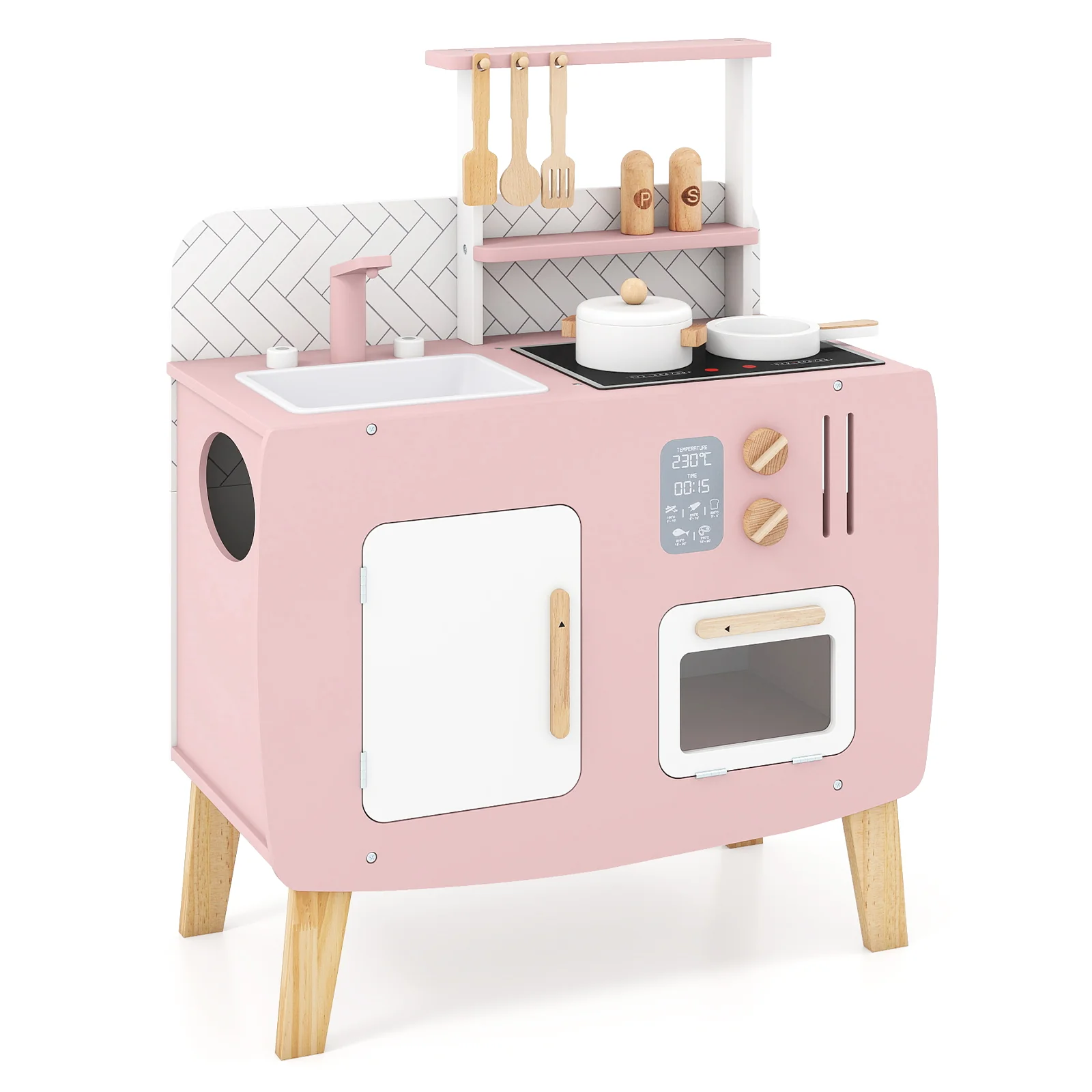 Play Kitchen for Kids Wooden Kitchen Playset with Stoves Sink Faucet and Oven - Image 3