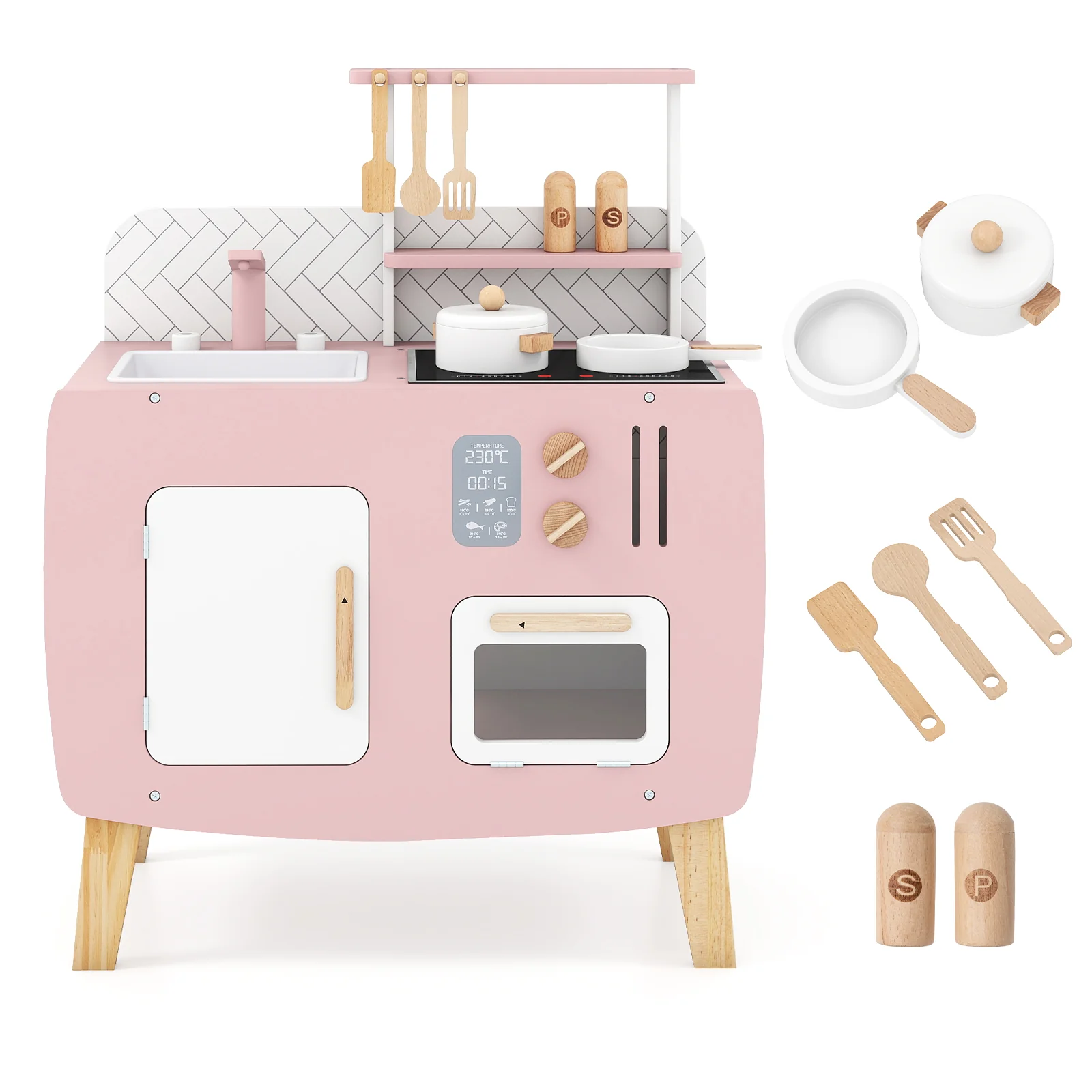 Play Kitchen for Kids Wooden Kitchen Playset with Stoves Sink Faucet and Oven - Image 4