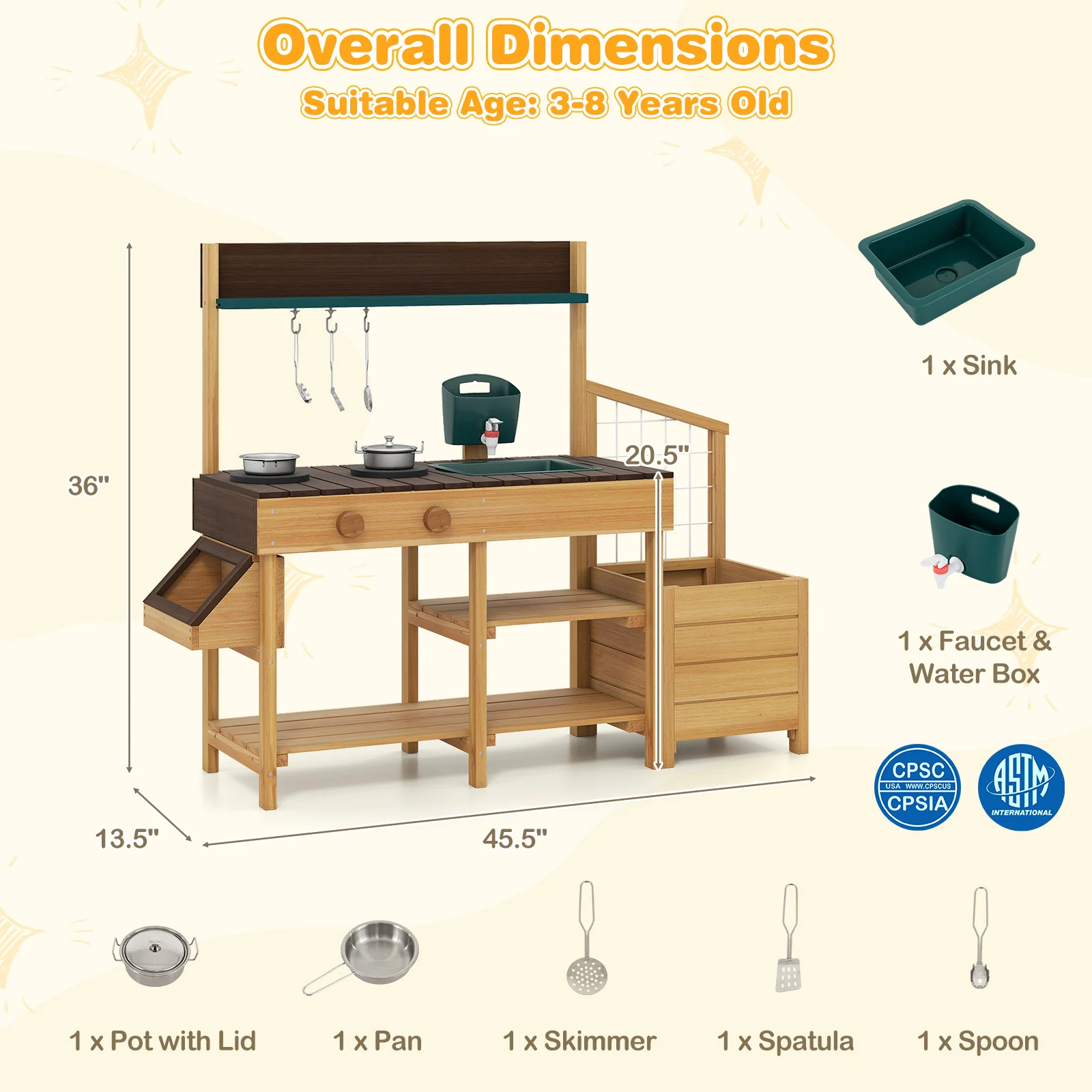 Play Kitchen for Kids Wooden Toy Kitchen Playset Pretend Mud Kitchen - Image 12