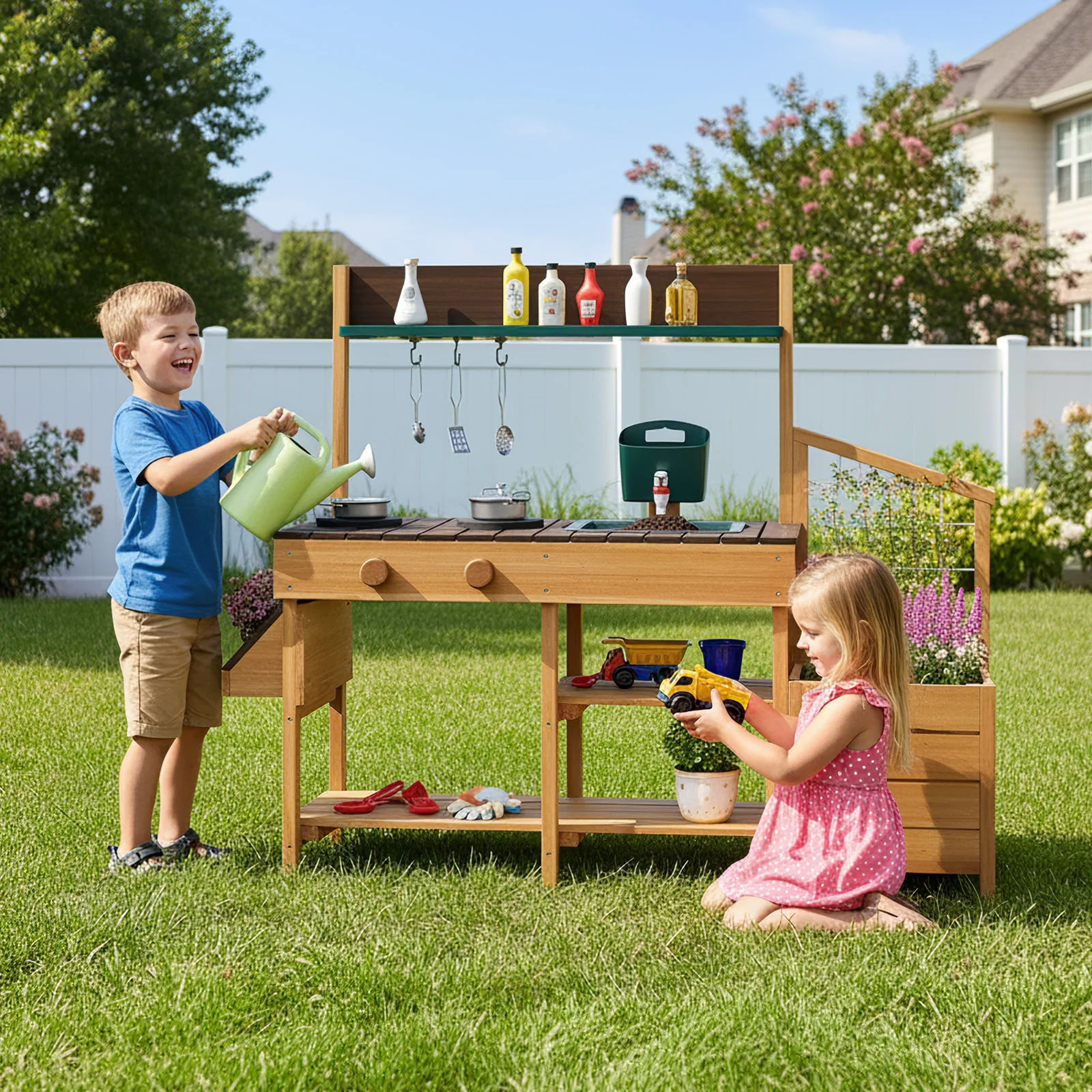 Play Kitchen for Kids Wooden Toy Kitchen Playset Pretend Mud Kitchen - Image 9