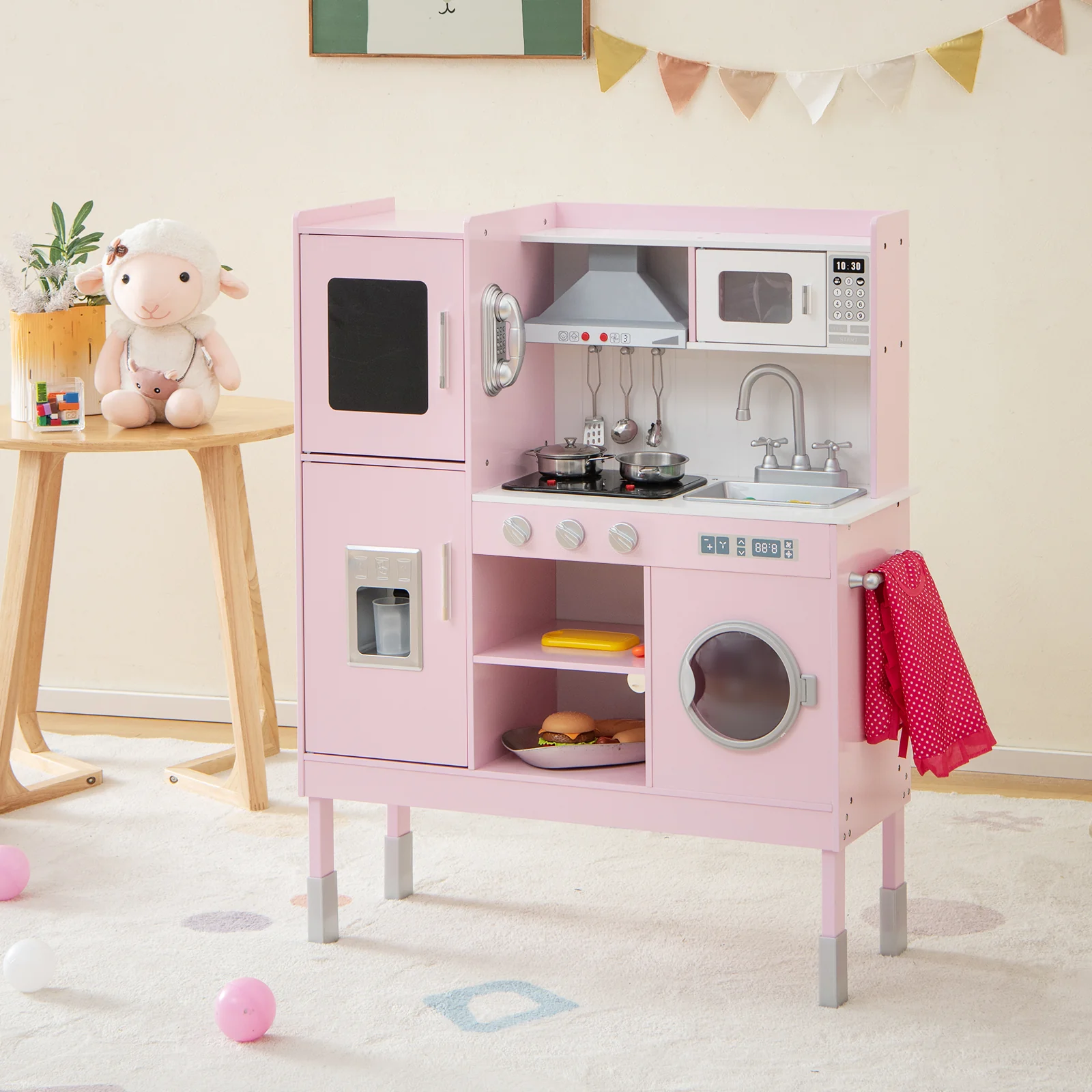 Pretend Play Kitchen for Kids with 16 Pieces Accessories-Pink - Image 2