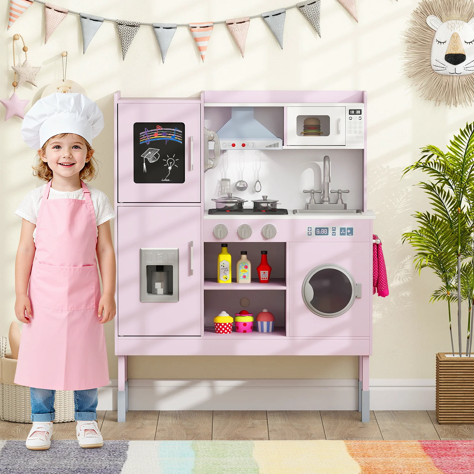 Pretend Play Kitchen Toy Kitchen Playset with Range Hood Ice Maker and Telephone - Image 10