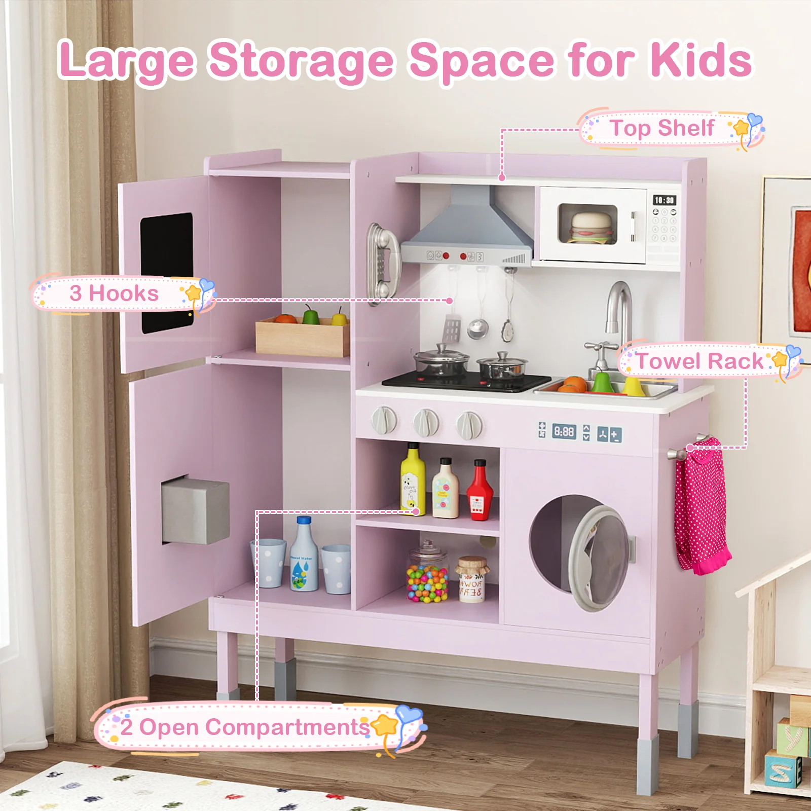 Pretend Play Kitchen Toy Kitchen Playset with Range Hood Ice Maker and Telephone - Image 15