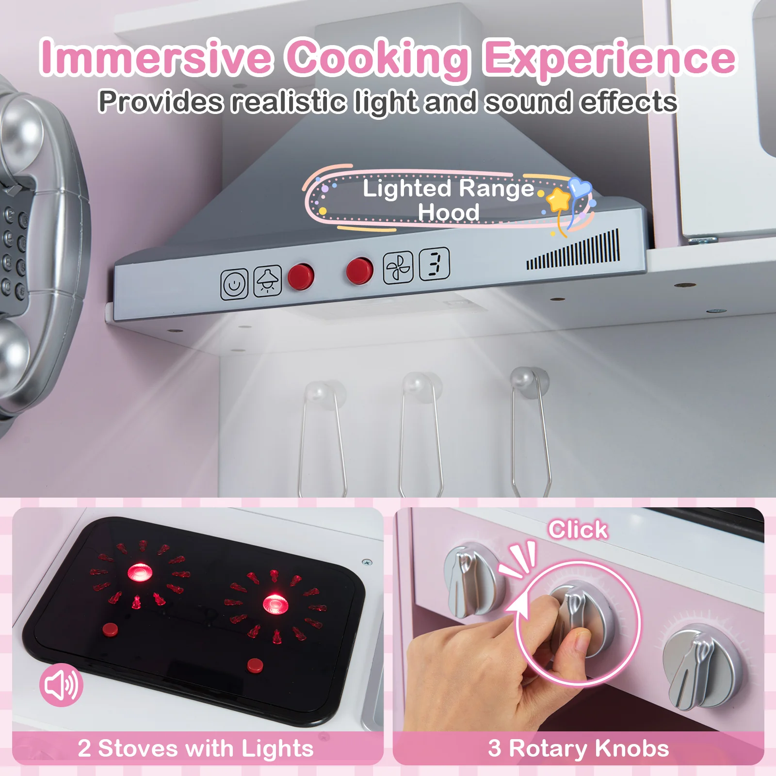 Pretend Play Kitchen Toy Kitchen Playset with Range Hood Ice Maker and Telephone - Image 16