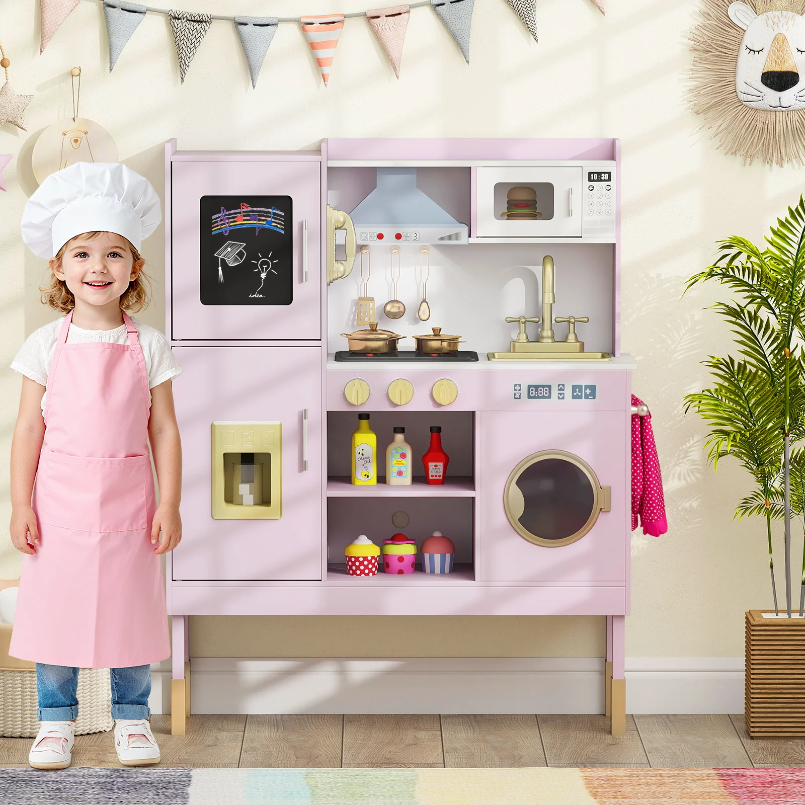 Pretend Play Kitchen Toy Kitchen Playset with Range Hood Ice Maker and Telephone - Image 17