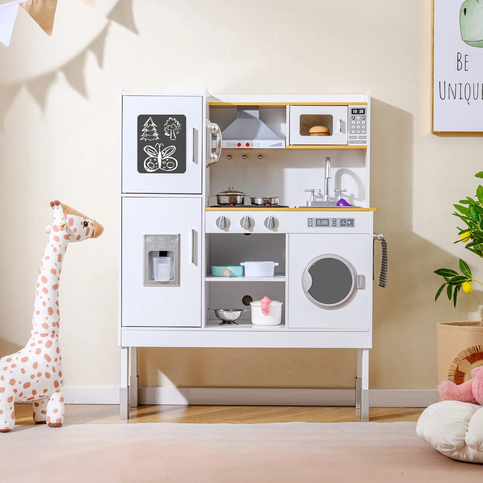 Pretend Play Kitchen Toy Kitchen Playset with Range Hood Ice Maker and Telephone - Image 2