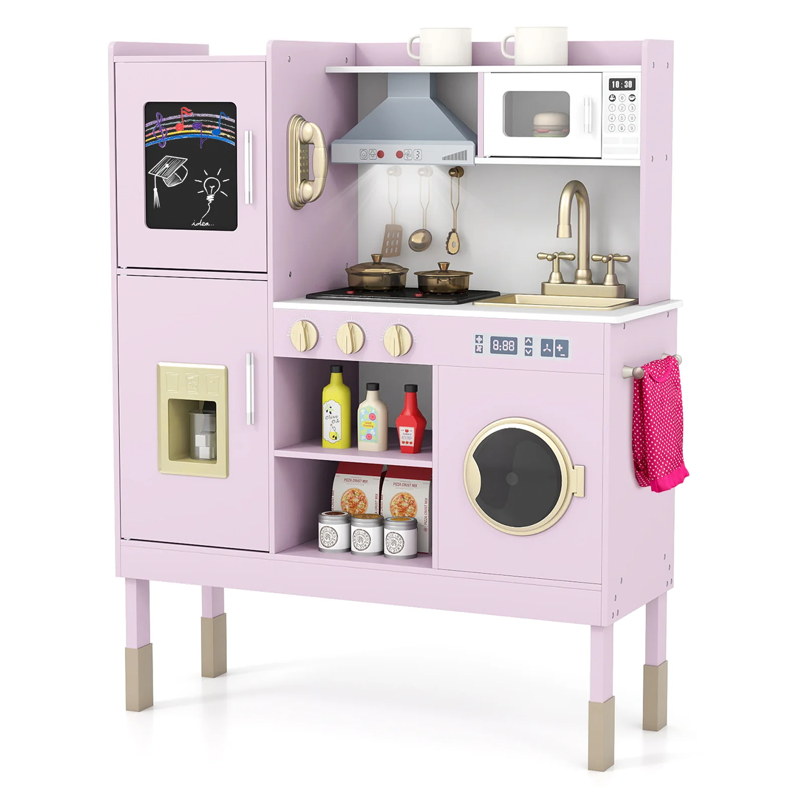 Pretend Play Kitchen Toy Kitchen Playset with Range Hood Ice Maker and Telephone - Image 20