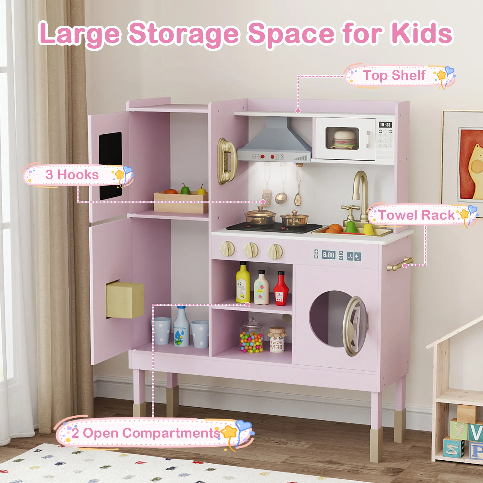 Pretend Play Kitchen Toy Kitchen Playset with Range Hood Ice Maker and Telephone - Image 23