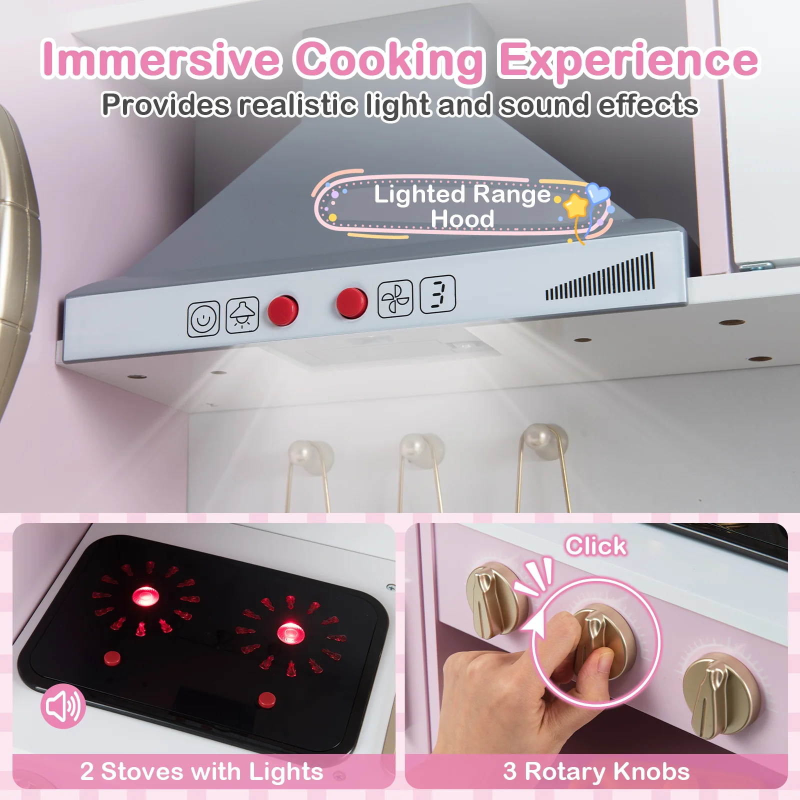 Pretend Play Kitchen Toy Kitchen Playset with Range Hood Ice Maker and Telephone - Image 24