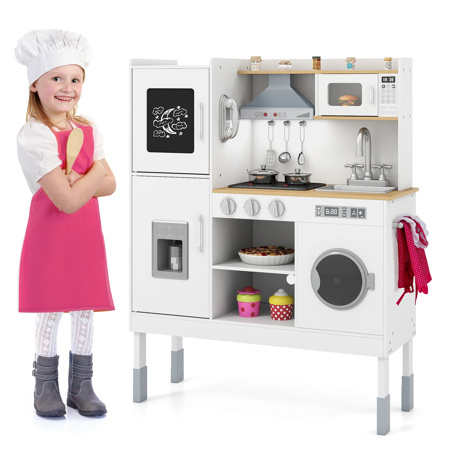 Pretend Play Kitchen Toy Kitchen Playset with Range Hood Ice Maker and Telephone - Image 4
