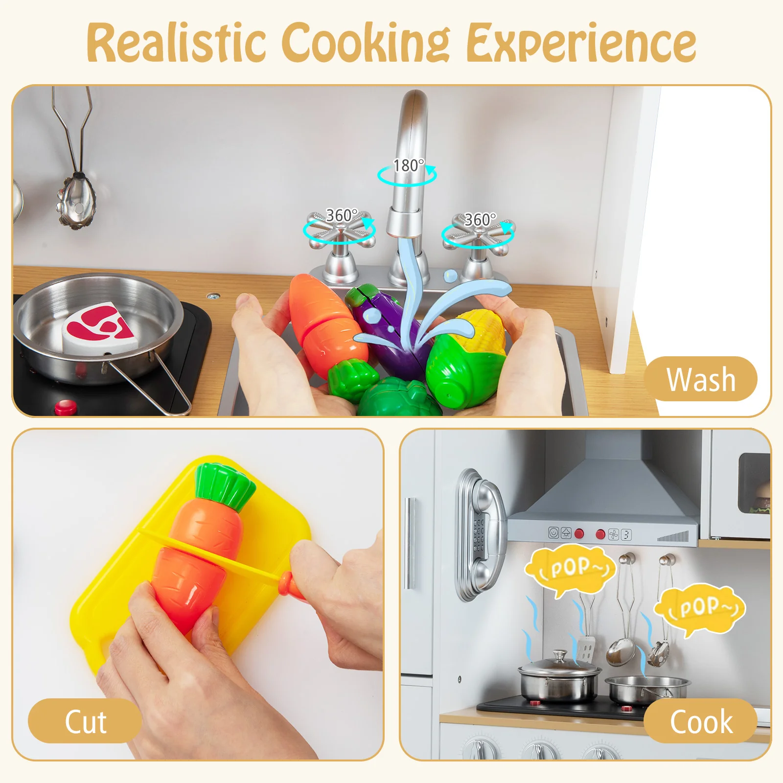 Pretend Play Kitchen Toy Kitchen Playset with Range Hood Ice Maker and Telephone - Image 7