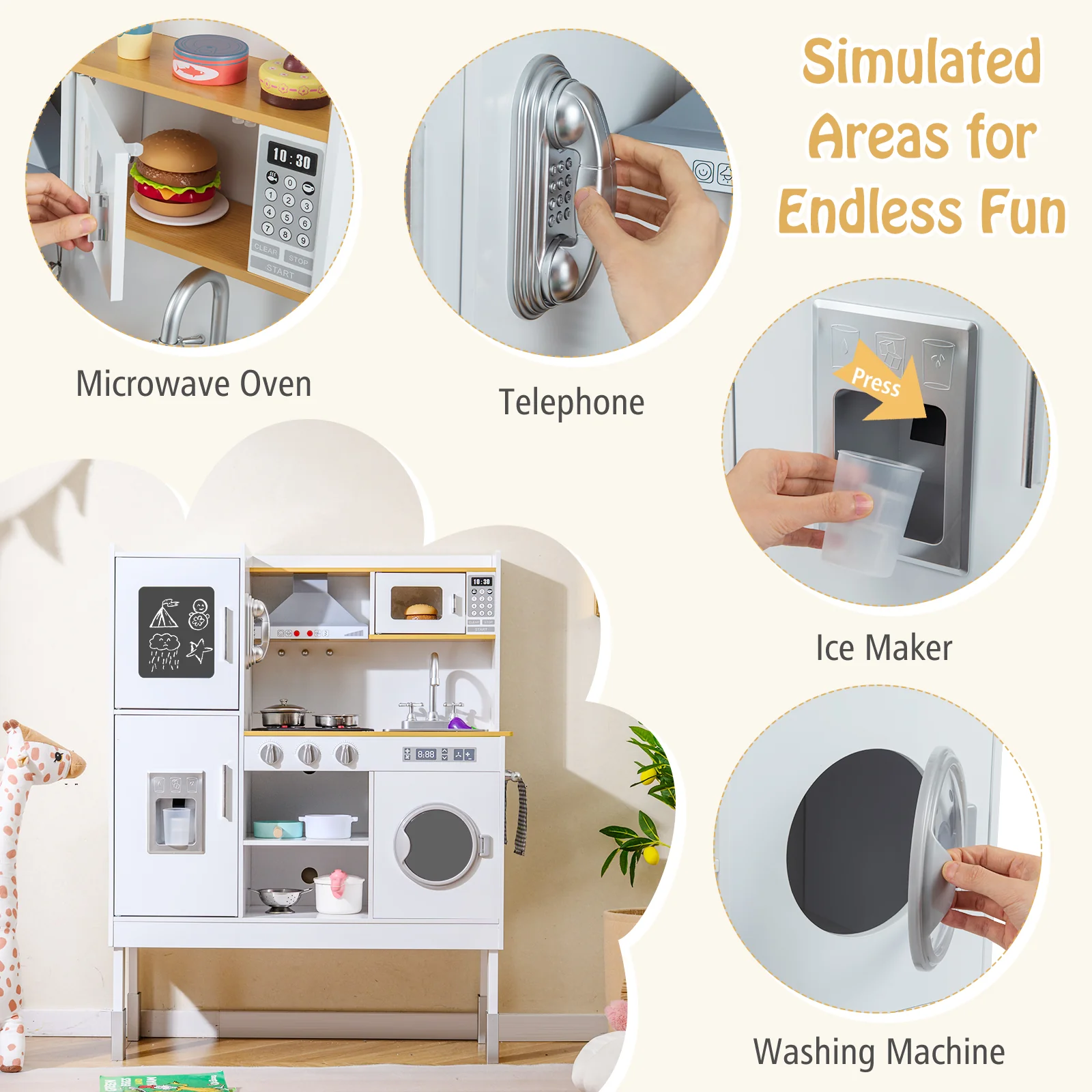 Pretend Play Kitchen Toy Kitchen Playset with Range Hood Ice Maker and Telephone - Image 8