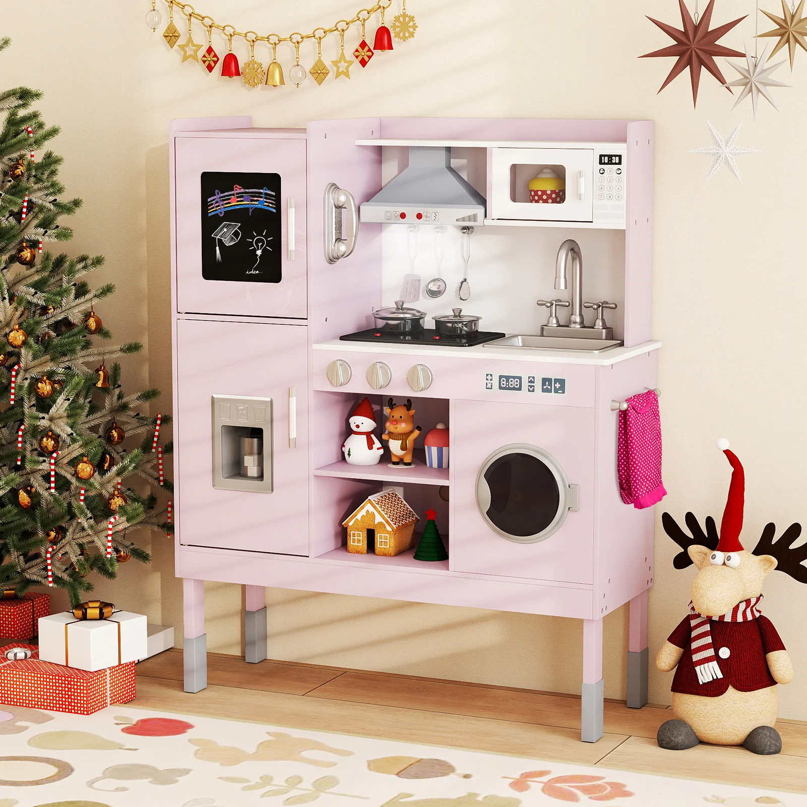 Pretend Play Kitchen Toy Kitchen Playset with Range Hood Ice Maker and Telephone - Image 9