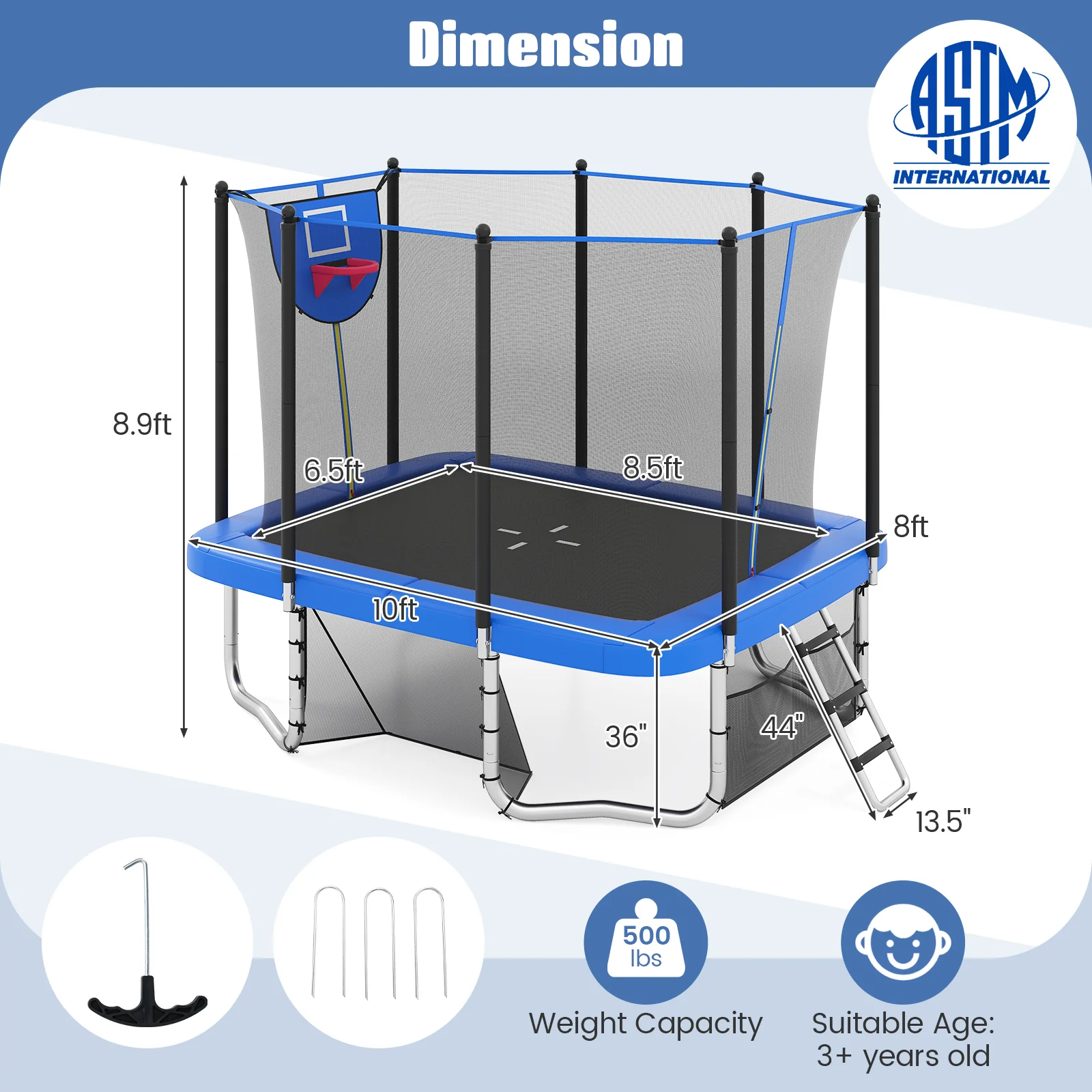 Rectangle Outdoor Trampoline 10 x 8 FT Heavy-Duty Trampoline with Basketball Hoop - Image 4