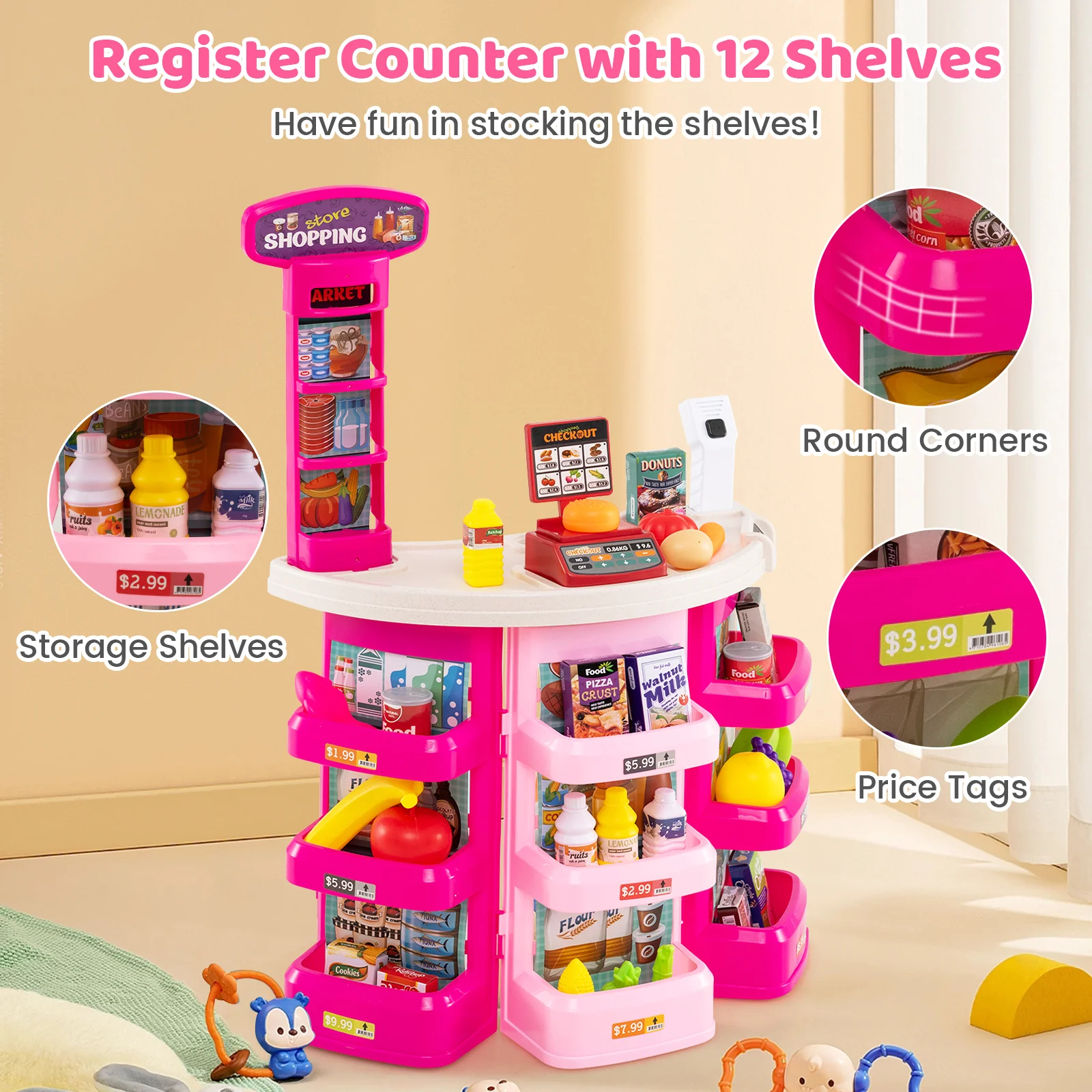 Supermarket Playset for Kids 76 PCS Pretend Play Grocery Store Set with Shopping Cart - Image 14