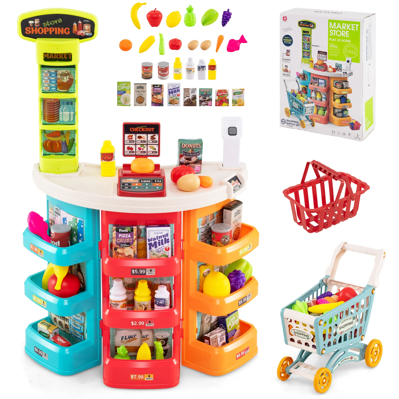 Supermarket Playset for Kids 76 PCS Pretend Play Grocery Store Set with Shopping Cart - Image 2