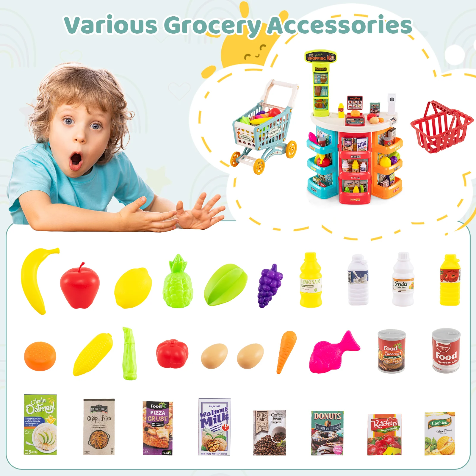 Supermarket Playset for Kids 76 PCS Pretend Play Grocery Store Set with Shopping Cart - Image 6