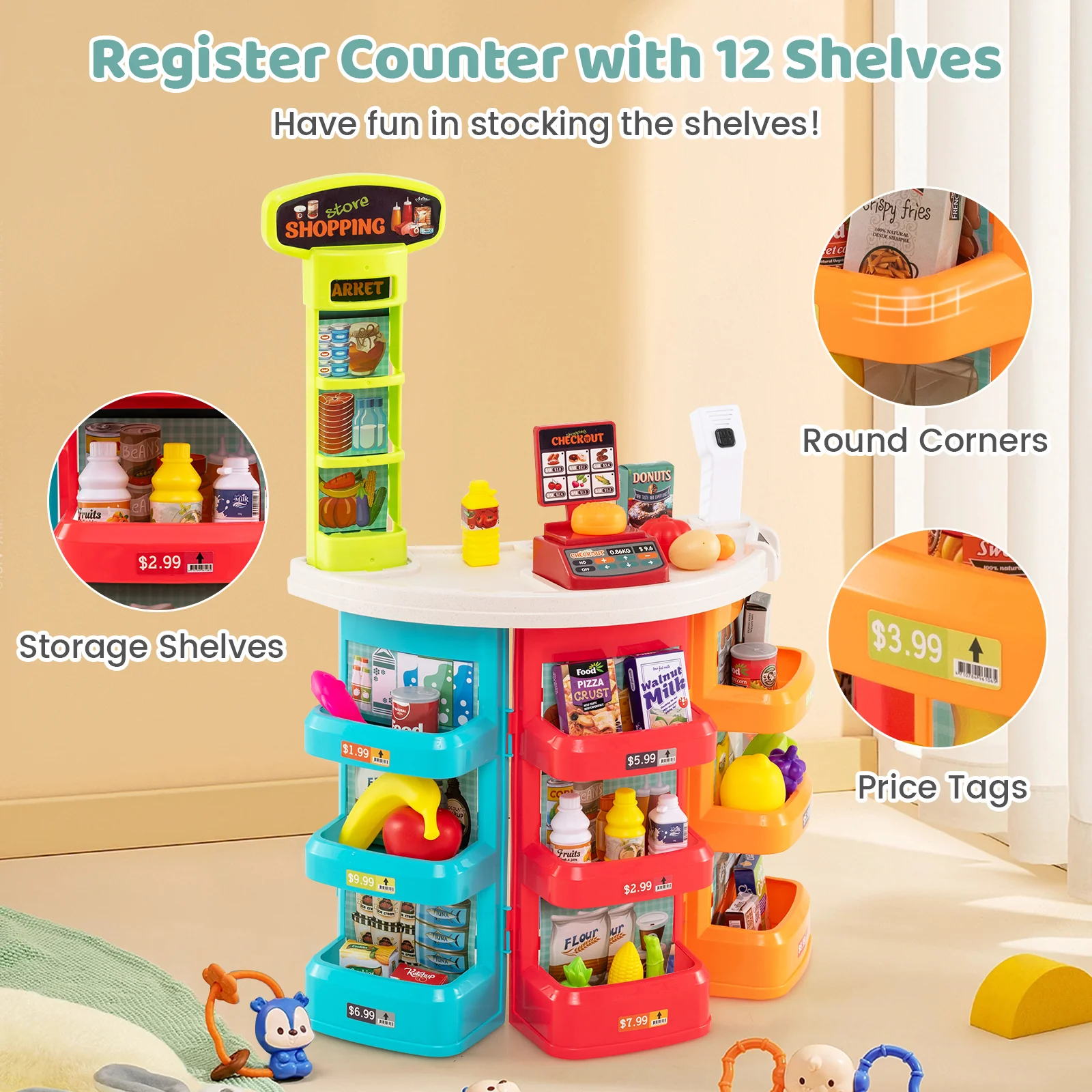 Supermarket Playset for Kids 76 PCS Pretend Play Grocery Store Set with Shopping Cart - Image 8