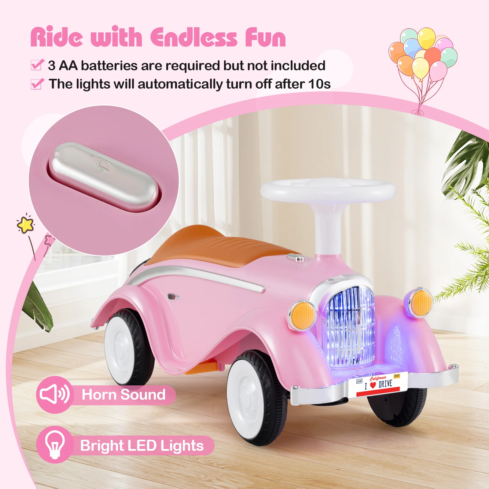 Toddler Ride on Toy Classic Sliding Car with Horn and LED Headlight - Image 15