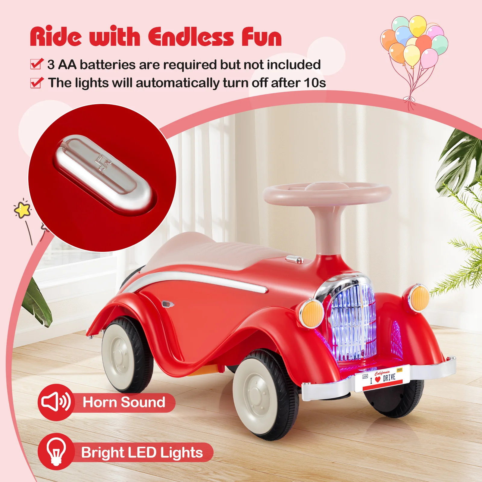 Toddler Ride on Toy Classic Sliding Car with Horn and LED Headlight - Image 23