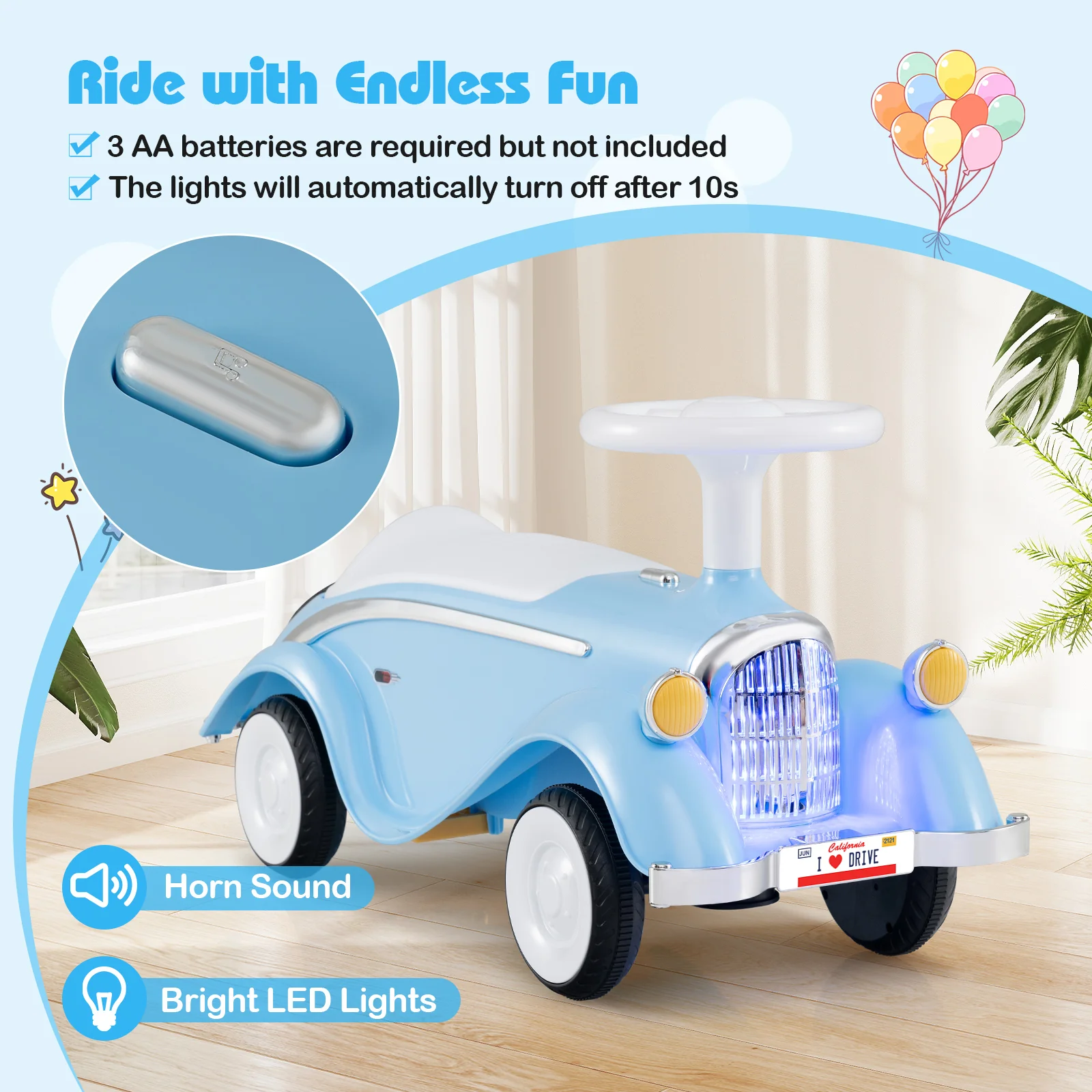 Toddler Ride on Toy Classic Sliding Car with Horn and LED Headlight - Image 6