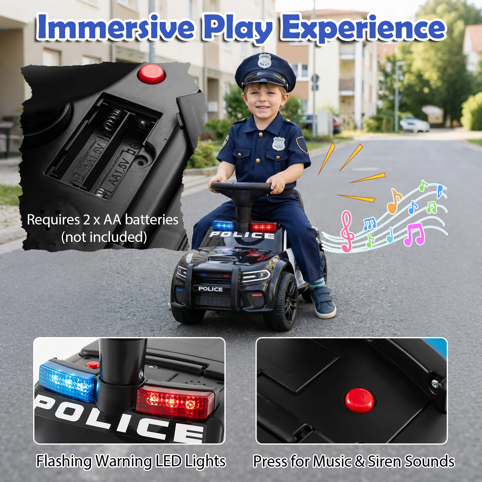 Toddler Sliding Car with Steering Wheel and Under-Seat Storage Push-Black - Image 5