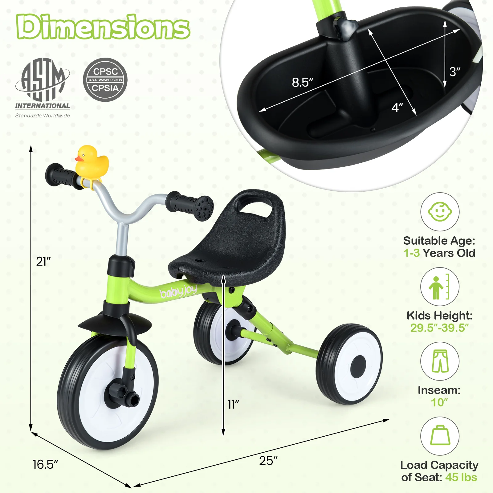 Toddler Tricycle with 3-Position Seat and Storage Basket for Kids - Image 4