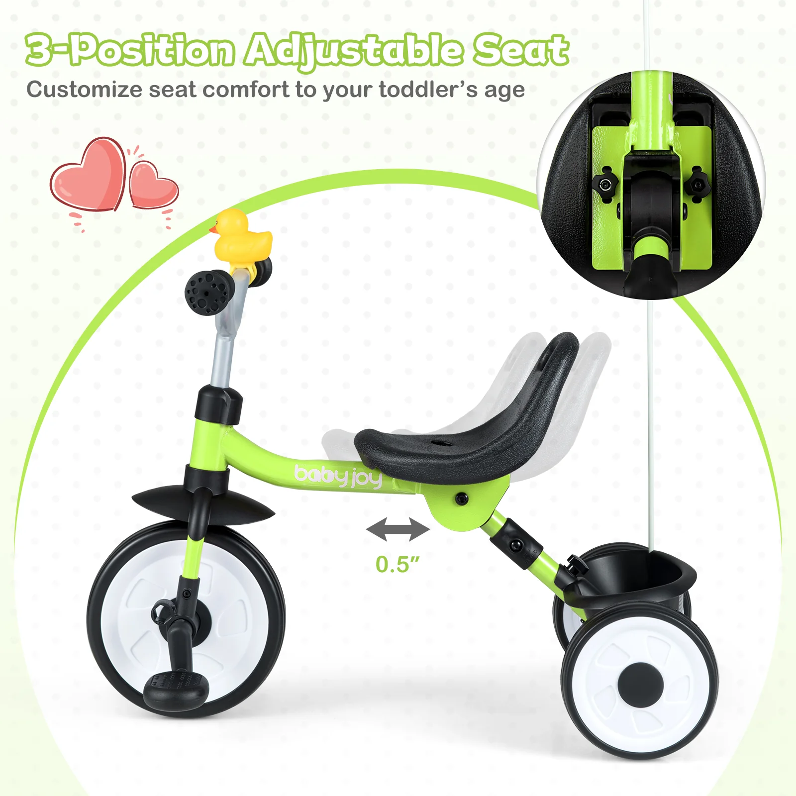 Toddler Tricycle with 3-Position Seat and Storage Basket for Kids - Image 5