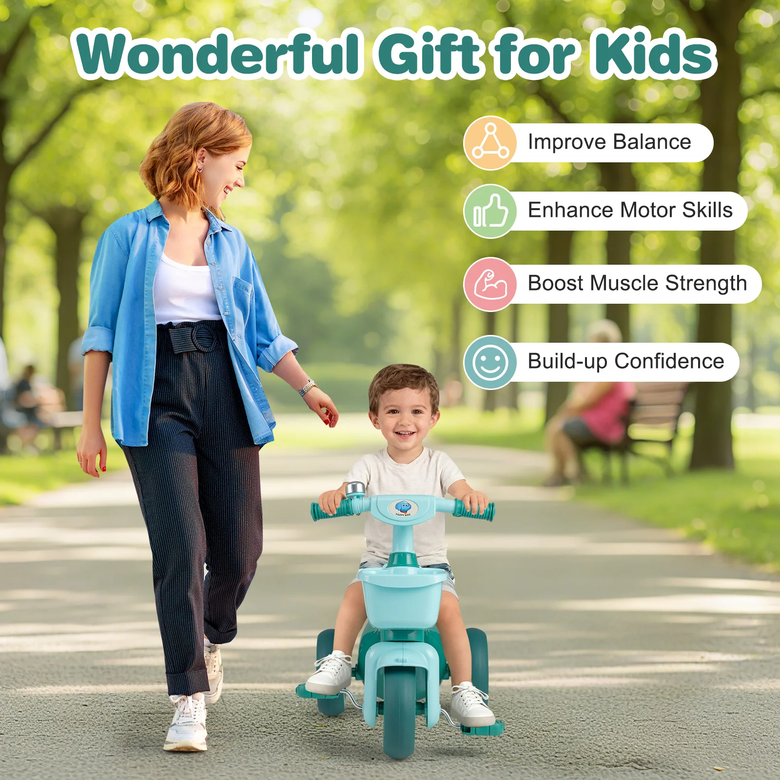 Toddler Tricycle with Limited Steering with Front Baskets and Bell - Image 13