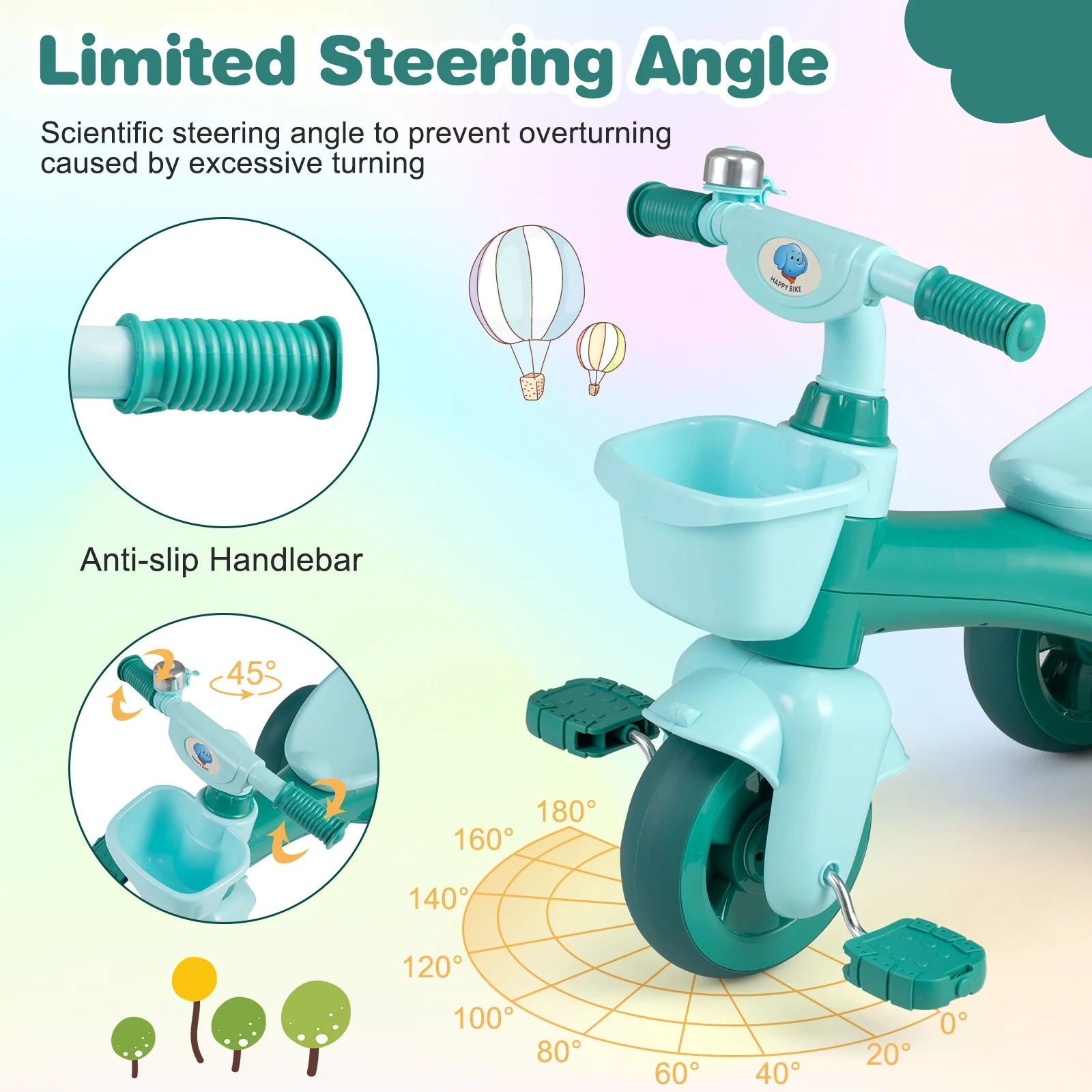 Toddler Tricycle with Limited Steering with Front Baskets and Bell - Image 14