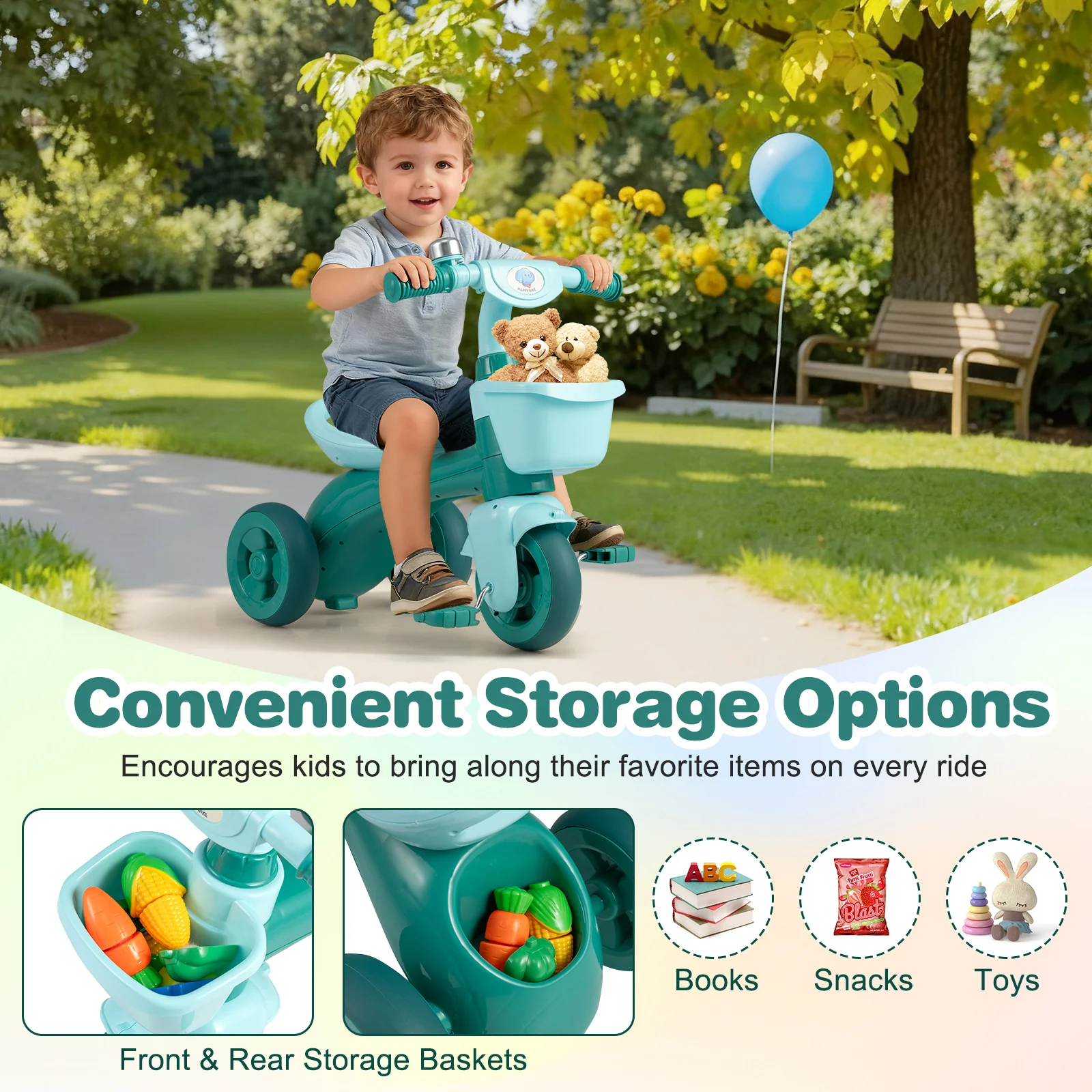 Toddler Tricycle with Limited Steering with Front Baskets and Bell - Image 15