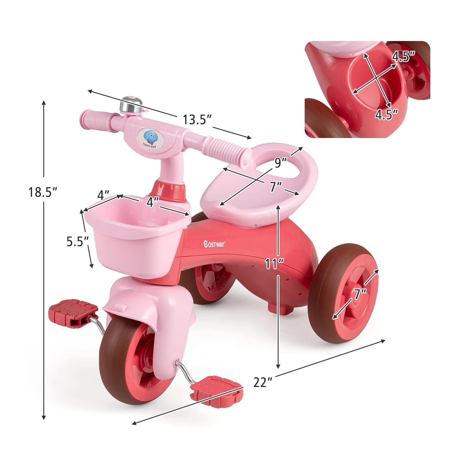 Toddler Tricycle with Limited Steering with Front Baskets and Bell - Image 4
