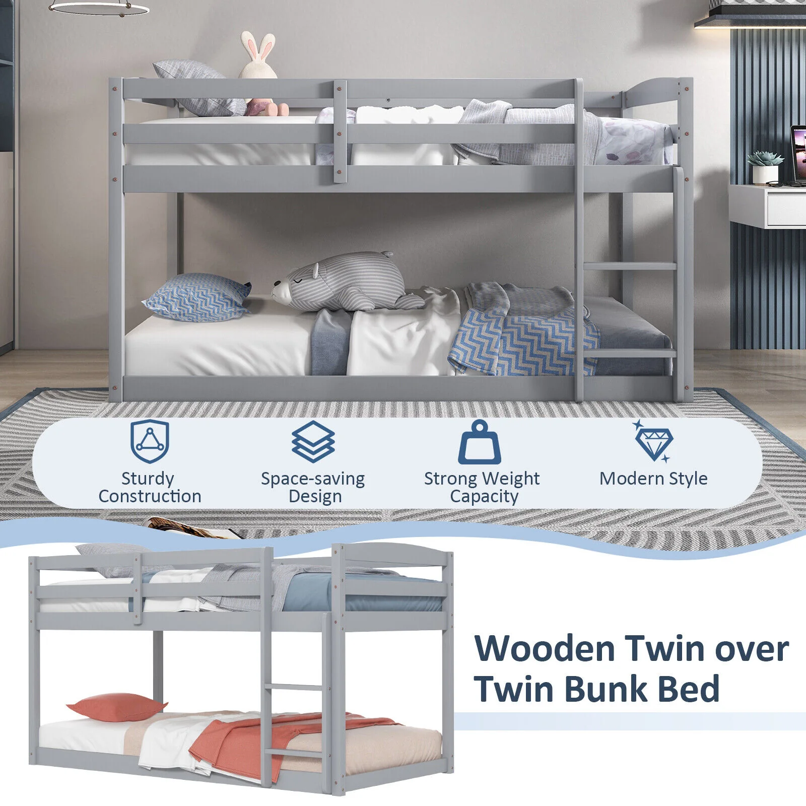 Twin Size Bunk Bed with High Guardrails and Integrated Ladder - Image 7