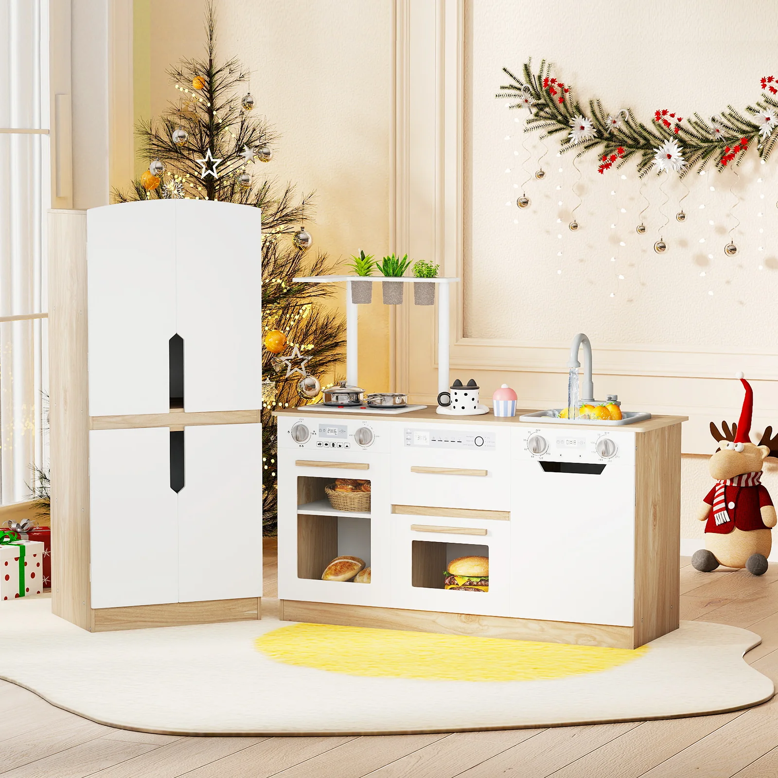 Wooden 2 Piece Kids Kitchen Playset with Fridge and Running Water - Image 10