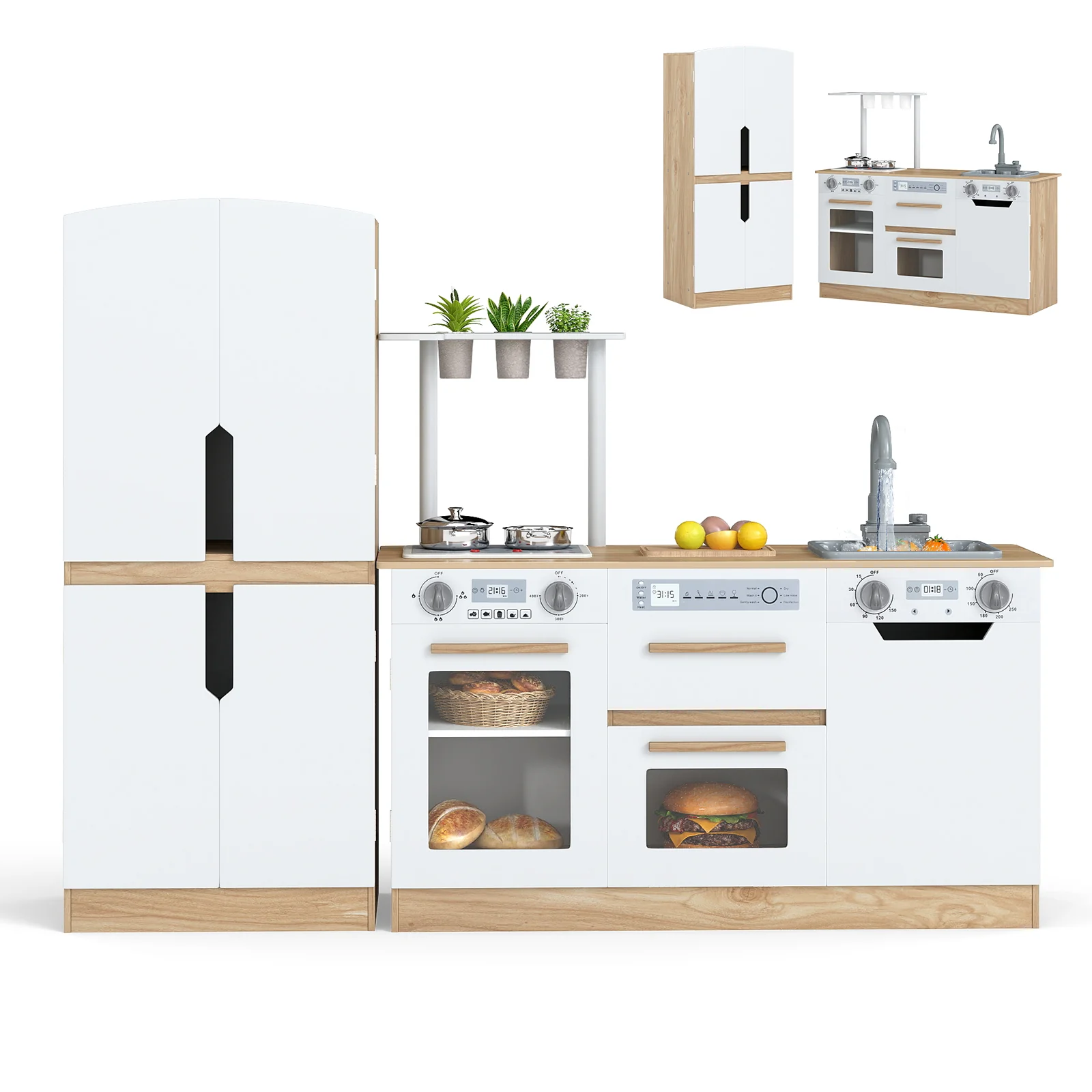 Wooden 2 Piece Kids Kitchen Playset with Fridge and Running Water - Image 11
