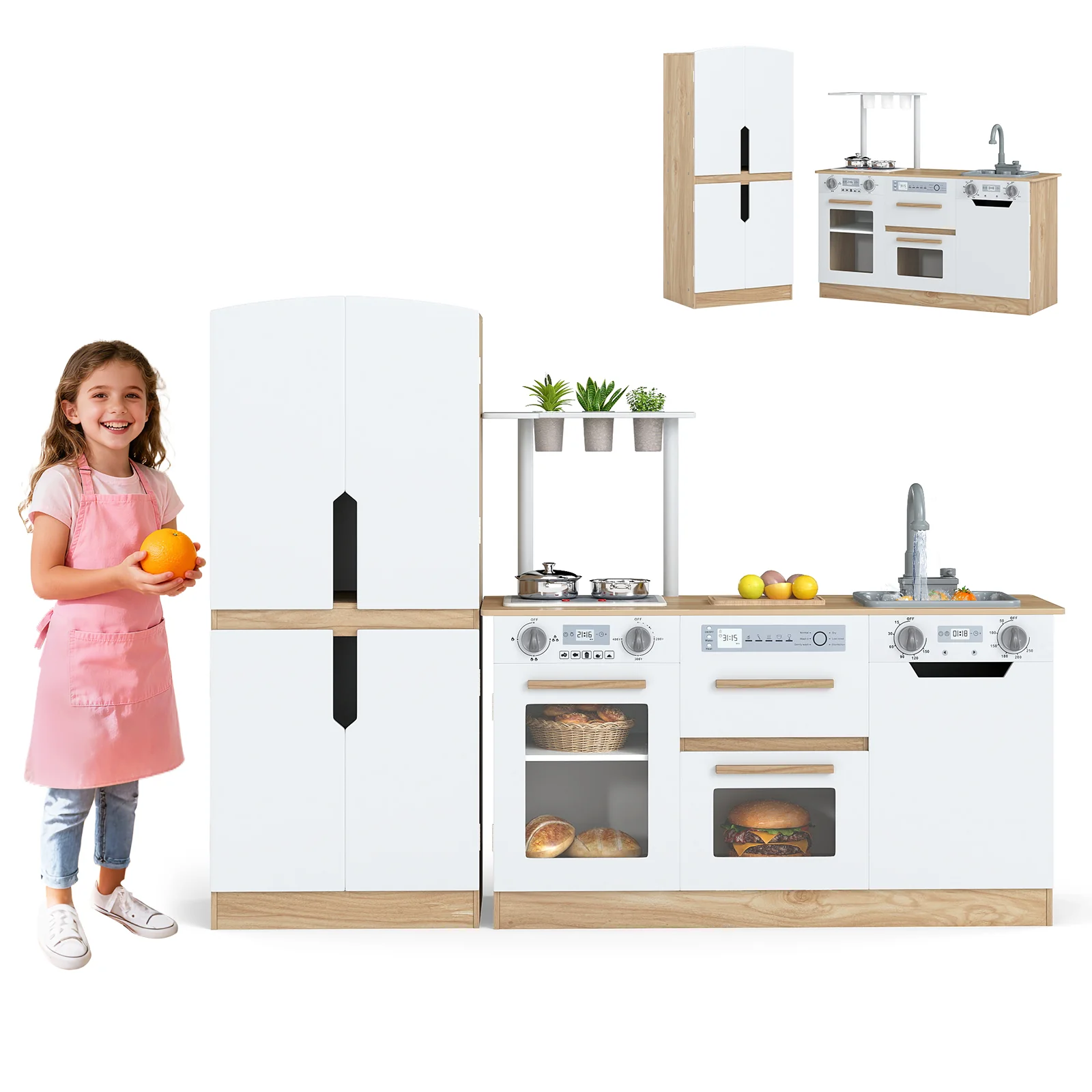 Wooden 2 Piece Kids Kitchen Playset with Fridge and Running Water - Image 12