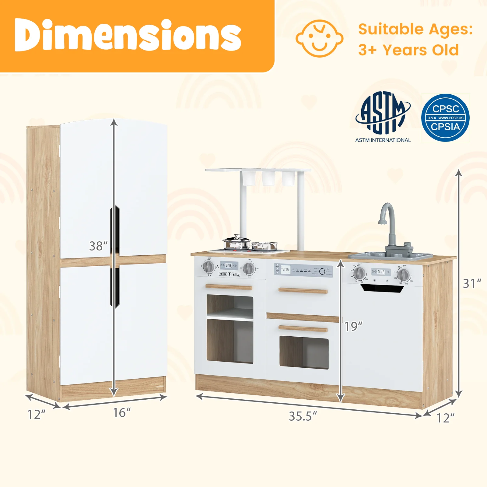 Wooden 2 Piece Kids Kitchen Playset with Fridge and Running Water - Image 13