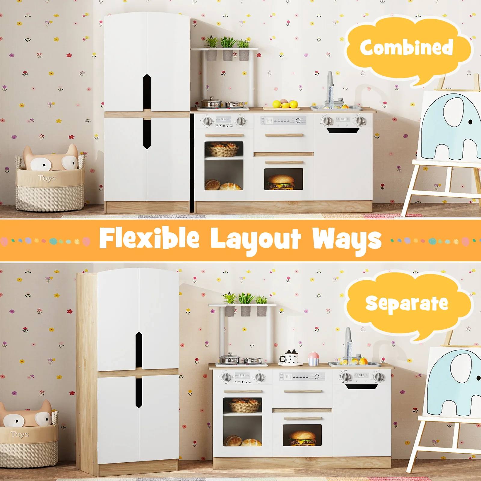 Wooden 2 Piece Kids Kitchen Playset with Fridge and Running Water - Image 14