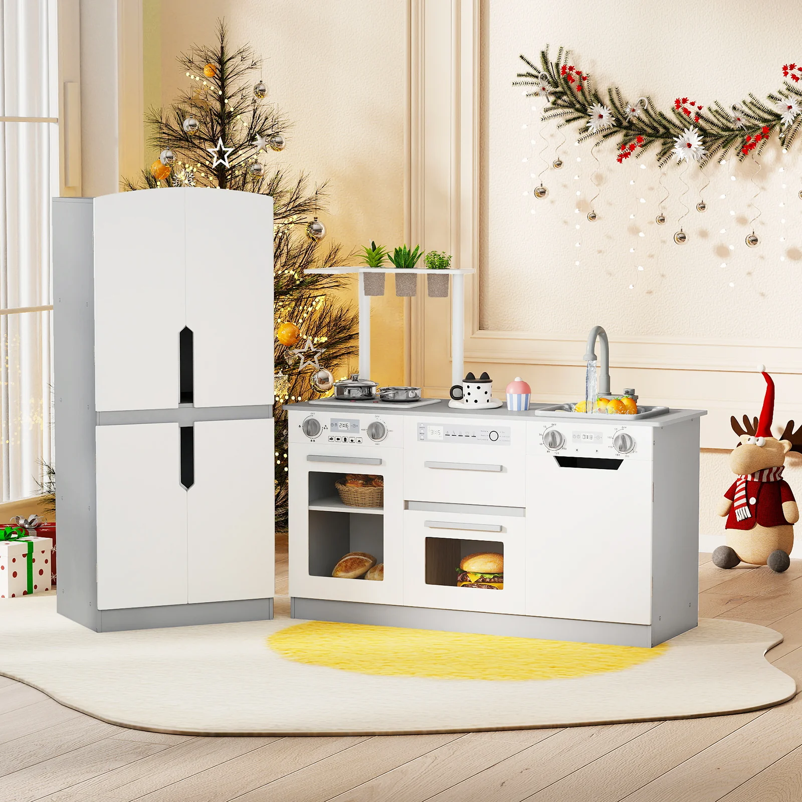 Wooden 2 Piece Kids Kitchen Playset with Fridge and Running Water - Image 2