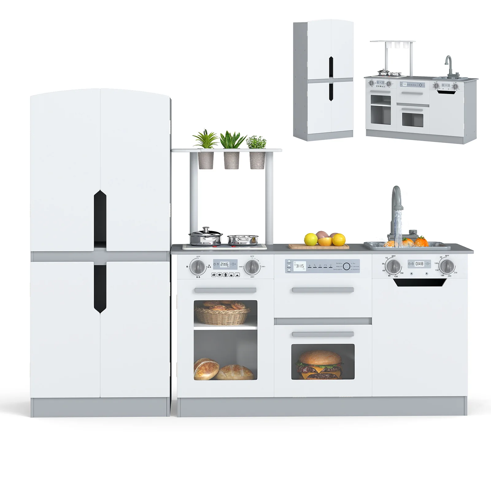 Wooden 2 Piece Kids Kitchen Playset with Fridge and Running Water - Image 3