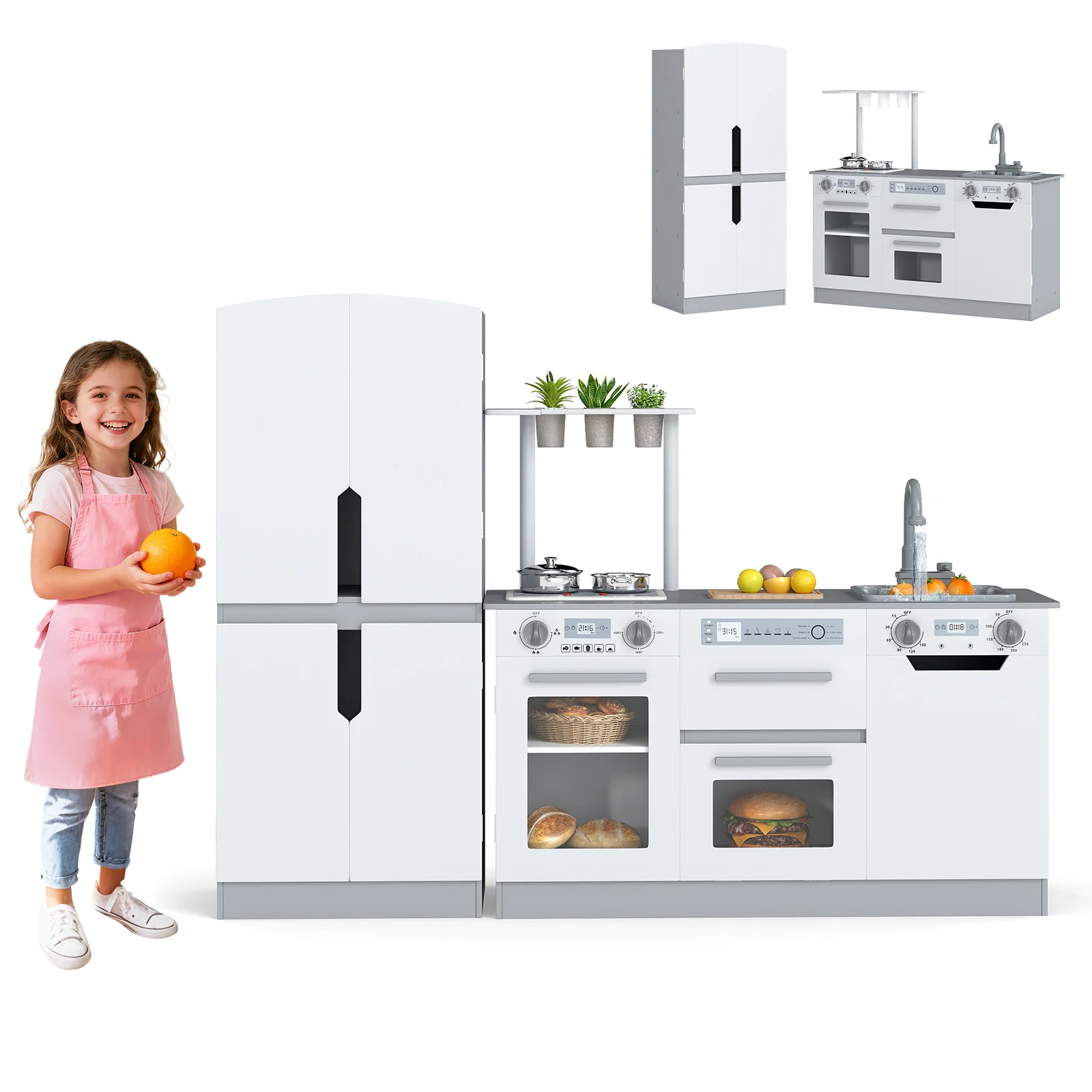 Wooden 2 Piece Kids Kitchen Playset with Fridge and Running Water - Image 4