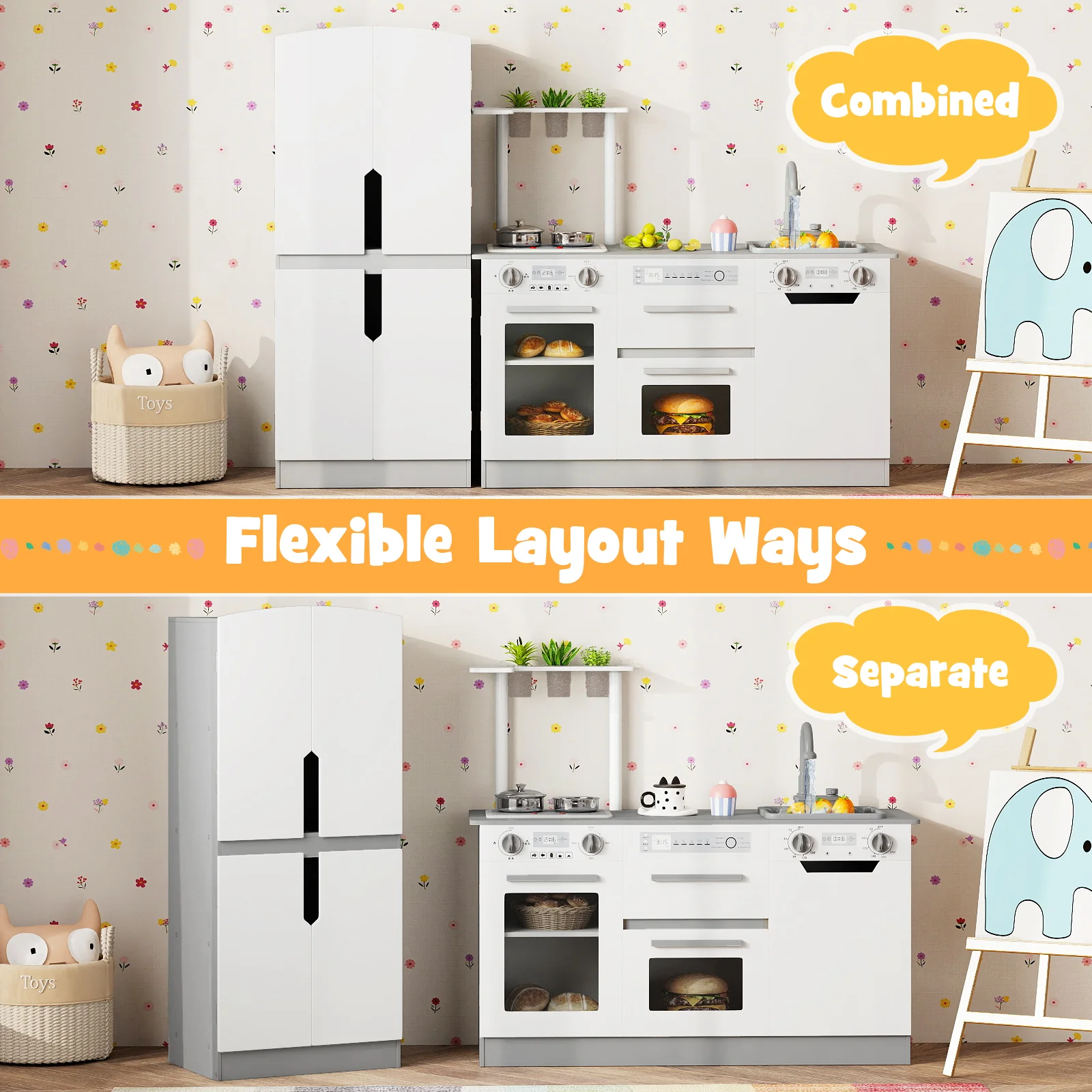 Wooden 2 Piece Kids Kitchen Playset with Fridge and Running Water - Image 6