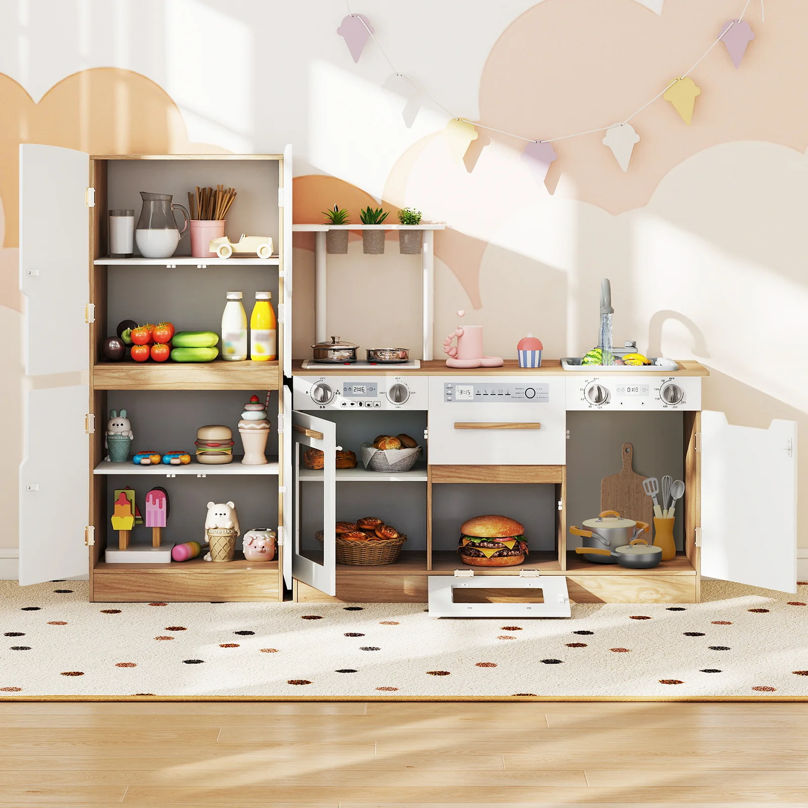 Wooden 2 Piece Kids Kitchen Playset with Fridge and Running Water - Image 9