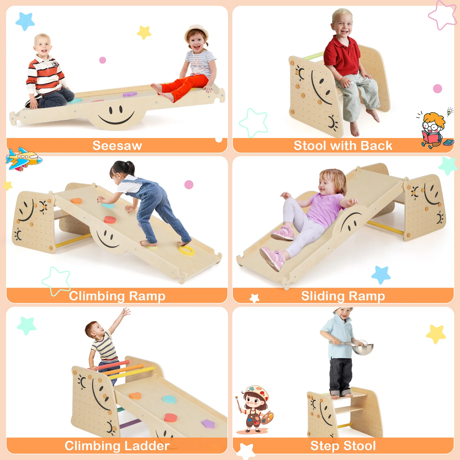 Wooden Climbing Toy Triangle Climber Set with Seesaw-Multicolor - Image 6